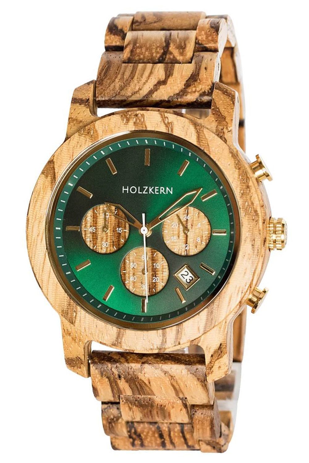 Holzkern Quarzuhr Blätterdach Zebrano/Marmor