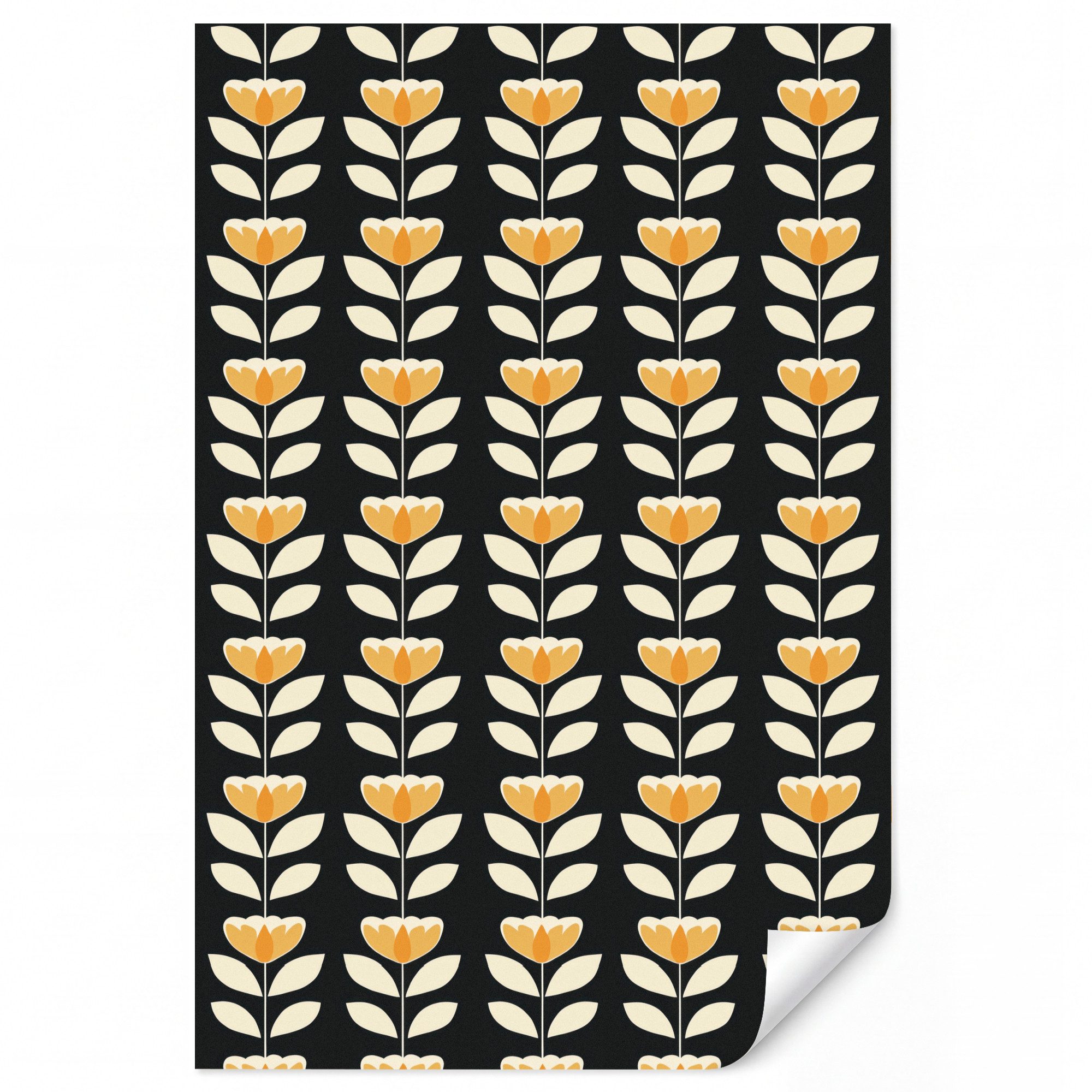 OnlyWow Fototapete Retro - Blume - Schwarz - Ockergelb, Matt, bedruckt, Wandtapete, Schlafzimmer, Modern, Vliestapete 140x200cm