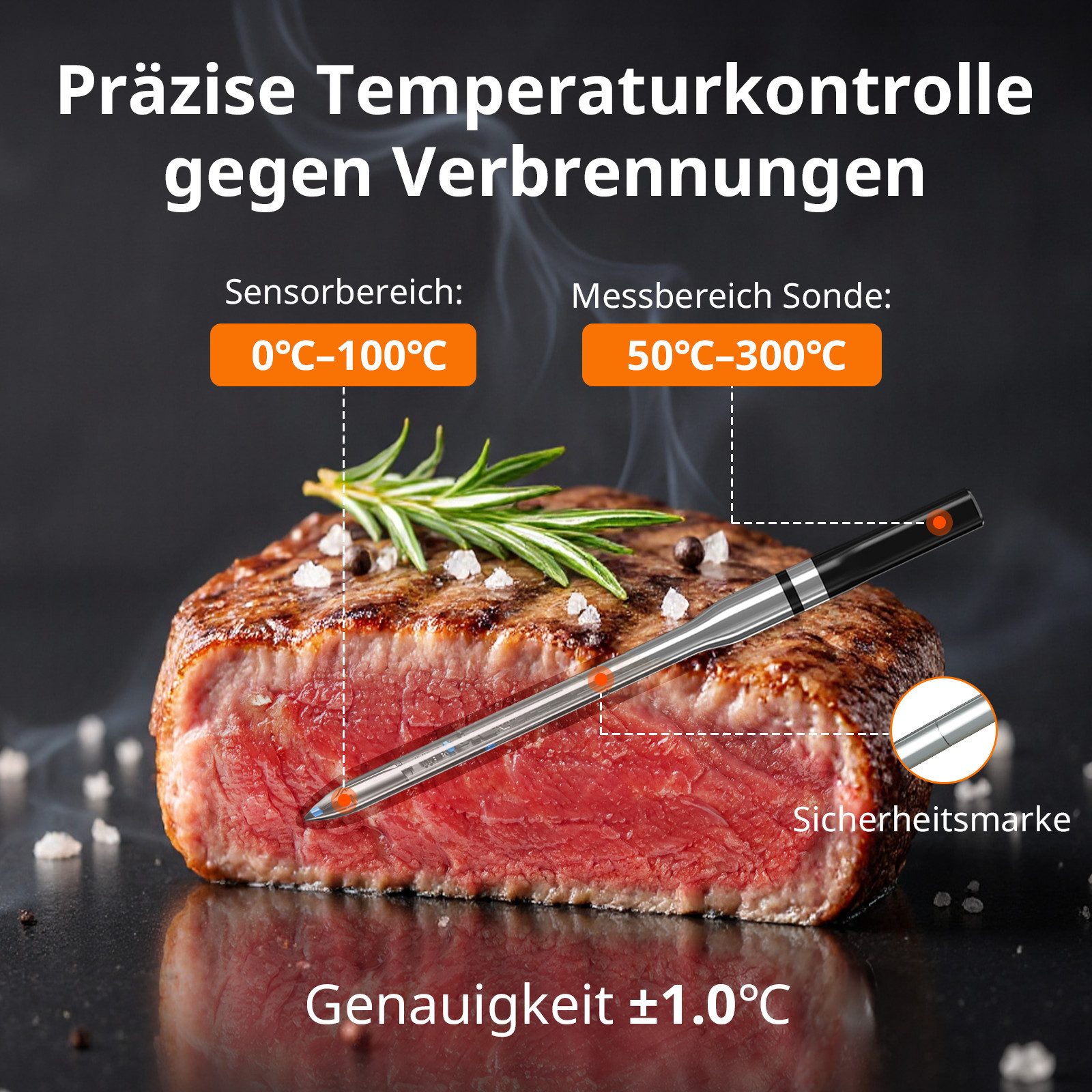 Airmsen Grillthermometer Fleischthermometer Kabelloses Grillthermometer Bluetooth - 1000mAh, mit Hitzebeständigem Keramikgriff & LCD-Display 150m Fernüberwachung, Bluetooth 5.4 Smart-App-Steuerung für Räuchern BBQ, 5.20×3.20×16.30 cm