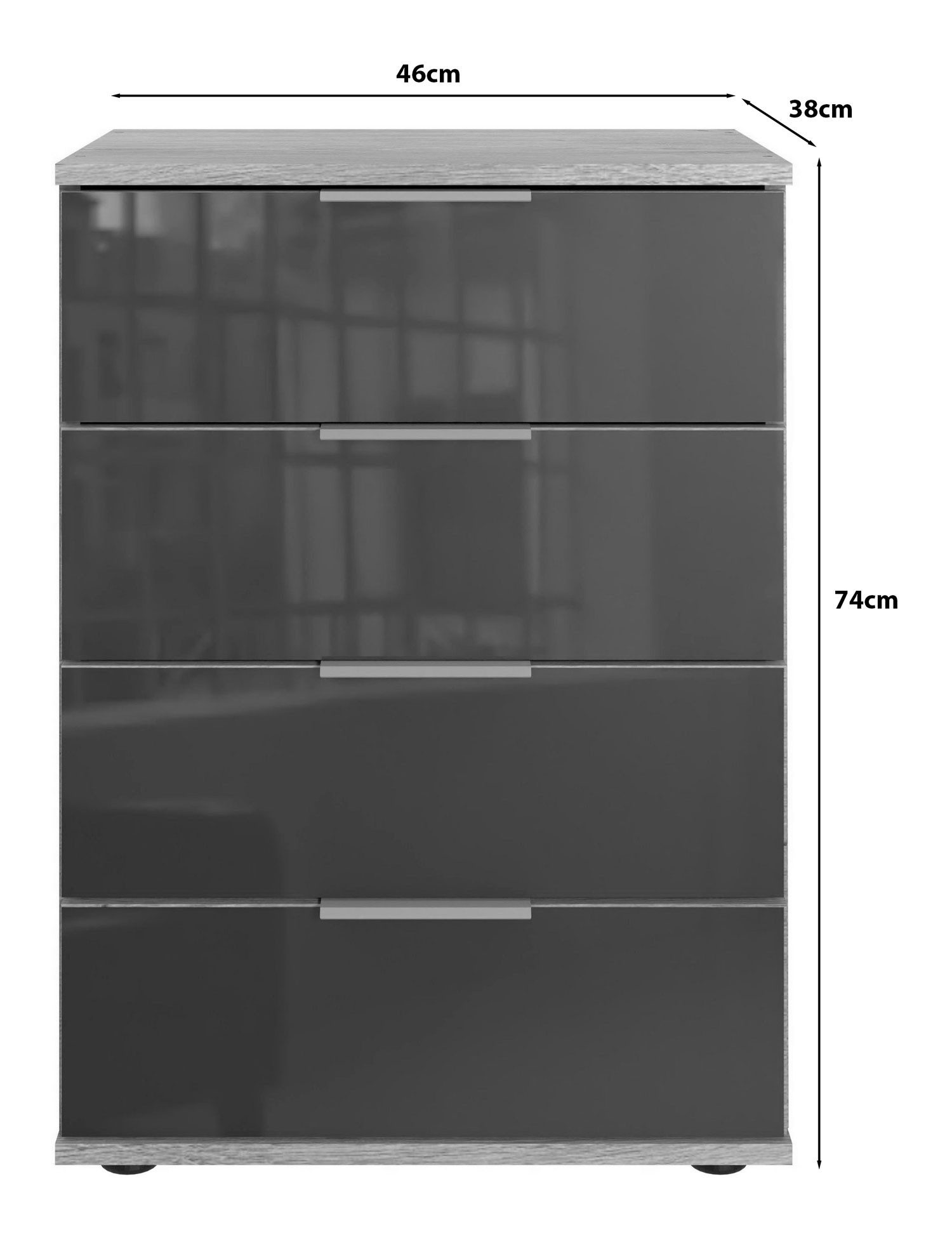Wimex Nachtkonsole Saigon (4 Schubladen auf Metalllaufleisten, 1 St., moderne Optik, alufarbene Kantengriffe aus Metall), 52x38x74cm Plankeneiche Glasgrau