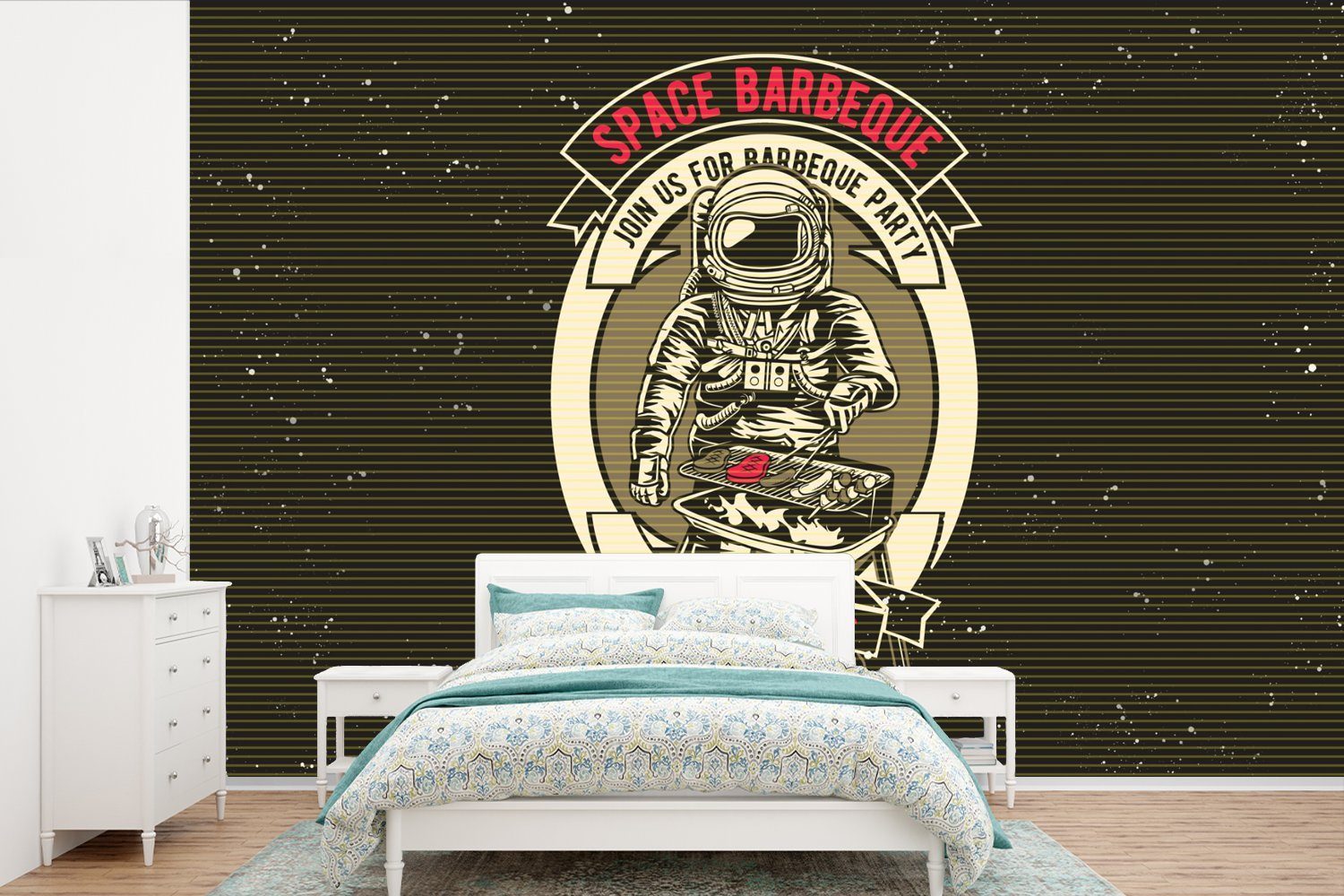 MuchoWow Fototapete Jahrgang - Astronaut - BBQ, Matt, bedruckt, (6 St), Wallpaper für Wohnzimmer, Schlafzimmer, Kinderzimmer, Vinyl Tapete