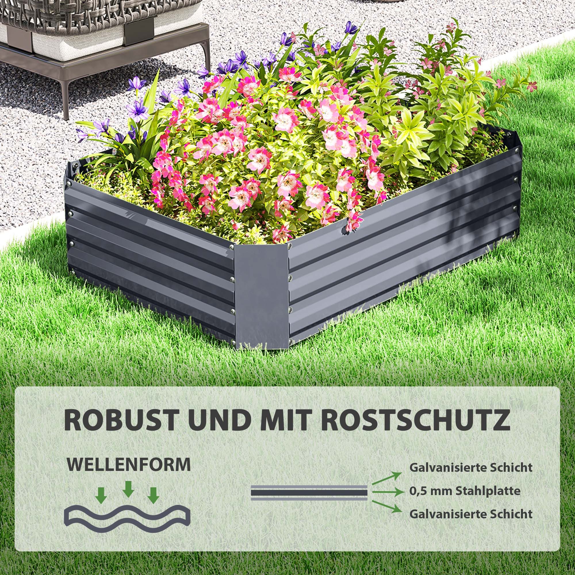 Outsunny Hochbeet Pflanzbeet aus Stahl, Blumenkasten stapelbar (Pflanzkasten, 1 St., Gemüsebeet), 120 x 90 x 30 cm für Garten Balkon Terrasse, für Blumen, Pflan – Bild 5 von 5