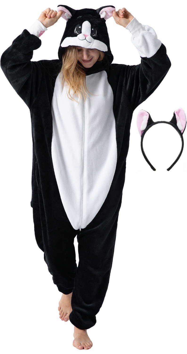 Corimori Partyanzug »Flauschiges Katzen-Kostüm für Erwachsene«, Onesie  Jumpsuit für Damen und Herren, schwarz-weiß, Fasching, Karneval