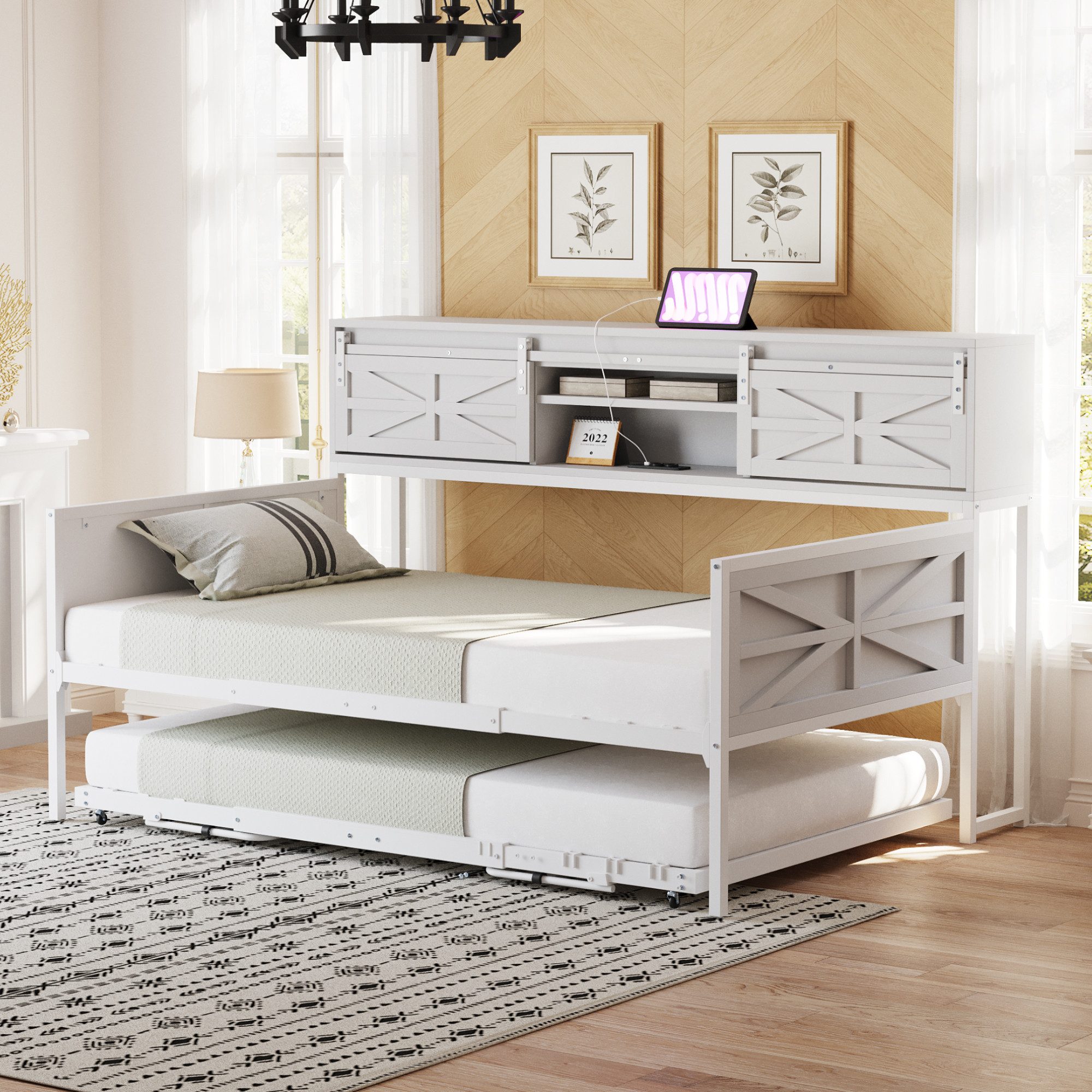 Odikalo Ausziehbett Jugendbett Bettgestell Stauraum mit Ablagefächern 90x200cm Braun/Weiß