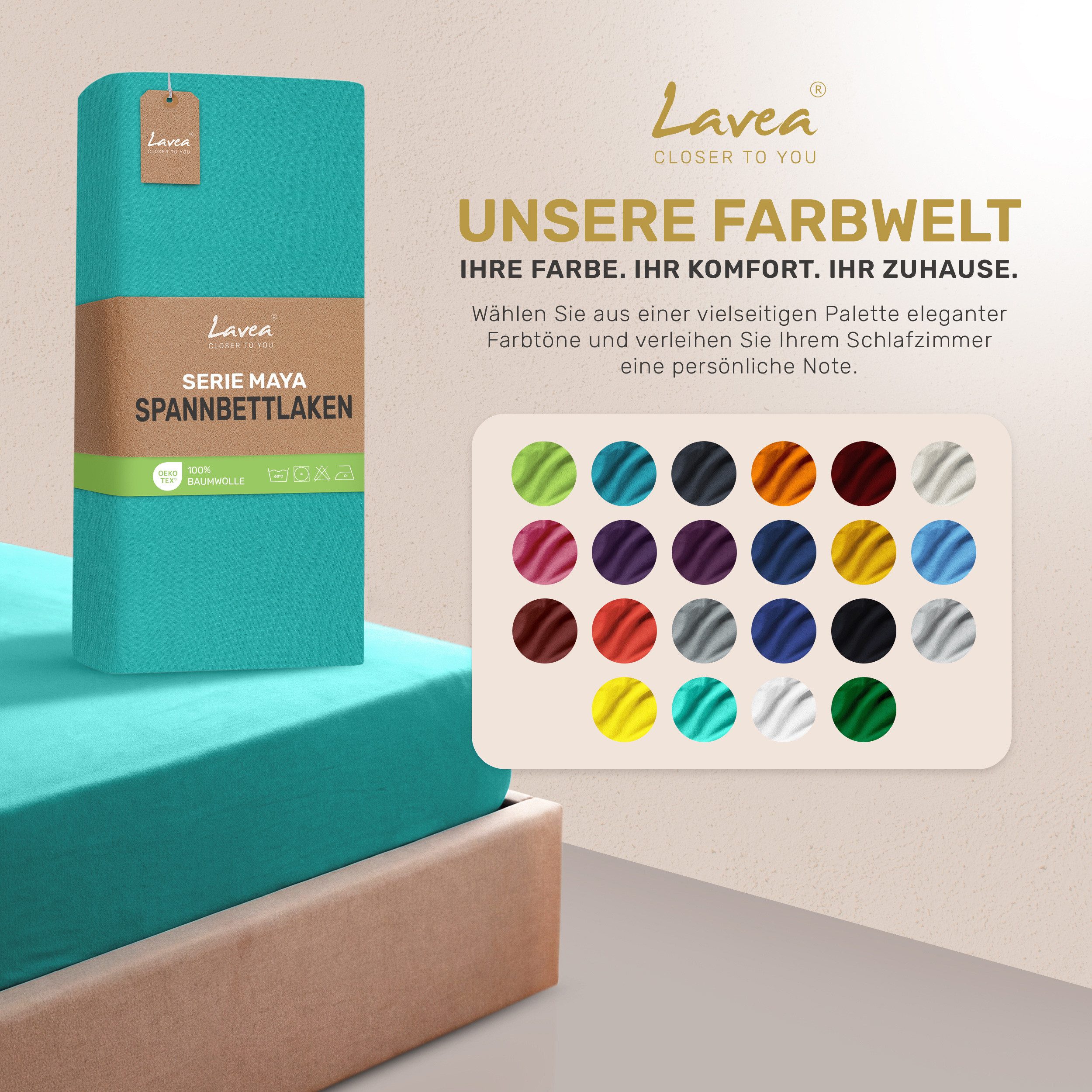 Lavea Spannbettlaken Bettlaken Maya, 180x200cm, 200x200cm, 140x200cm, 160x200cm, 100% Baumwolle Jersey, Gummizug: rundum, (1 Stück), für Matratzen, Topper, Boxs – Bild 4 von 5