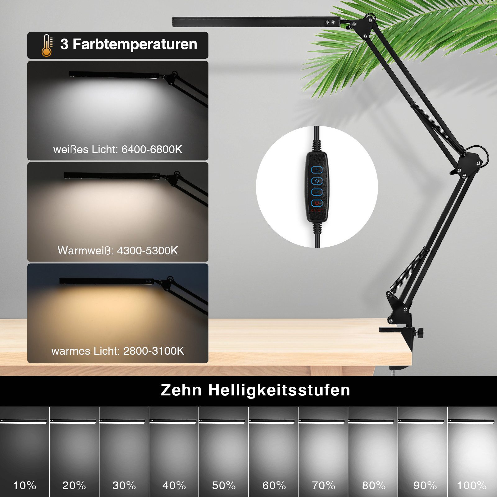 Clanmacy LED Tischleuchte LED Schreibtischlampe 3 Farbe Arbeitslampe Lampe Dimmbar 10W Bettlicht – Bild 4 von 5