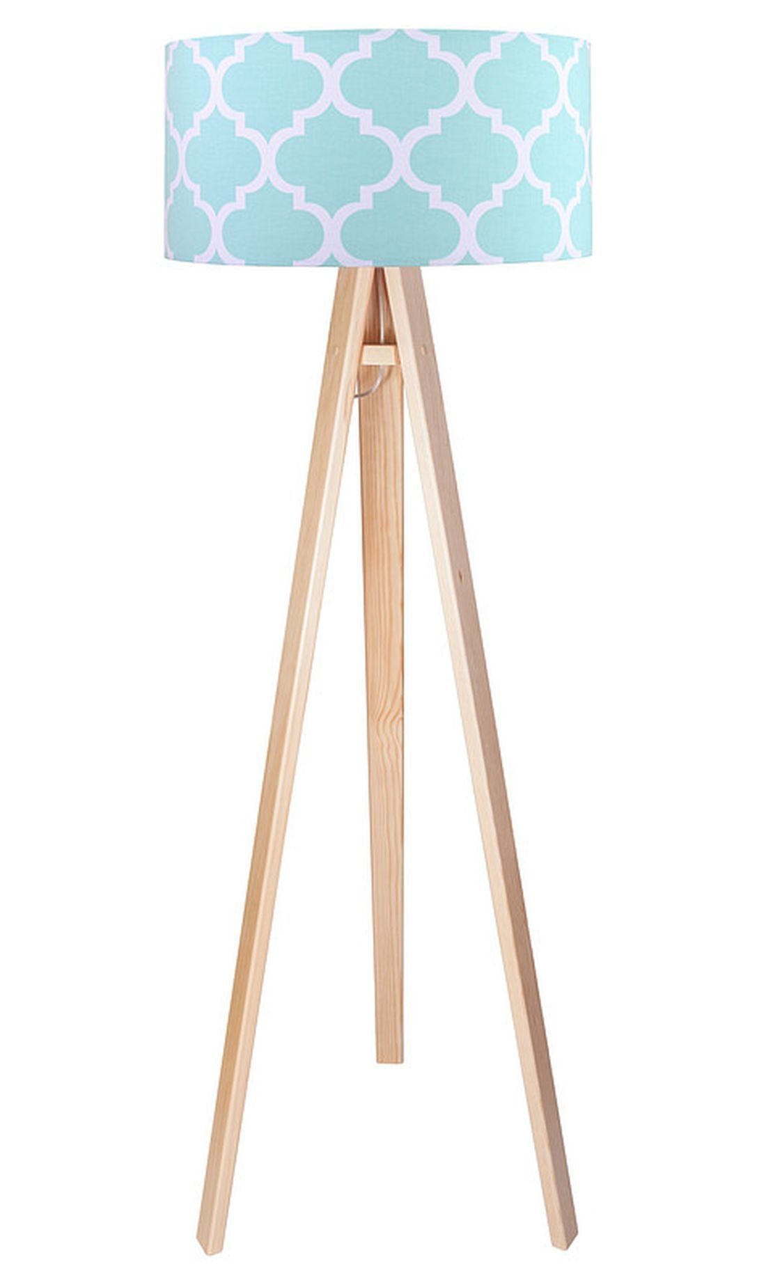 Licht-Erlebnisse Stehlampe ILKA, ohne Leuchtmittel, Holz retro Stoffschirm Standleuchte Weiß Blau arabesques Wohnzimmer