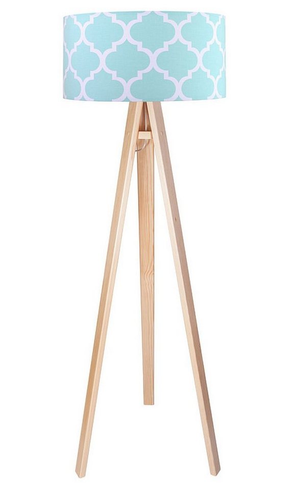 Licht-Erlebnisse Stehlampe ILKA, ohne Leuchtmittel, Standleuchte  Stoffschirm Holz Blau Weiß arabesques retro Wohnzimmer