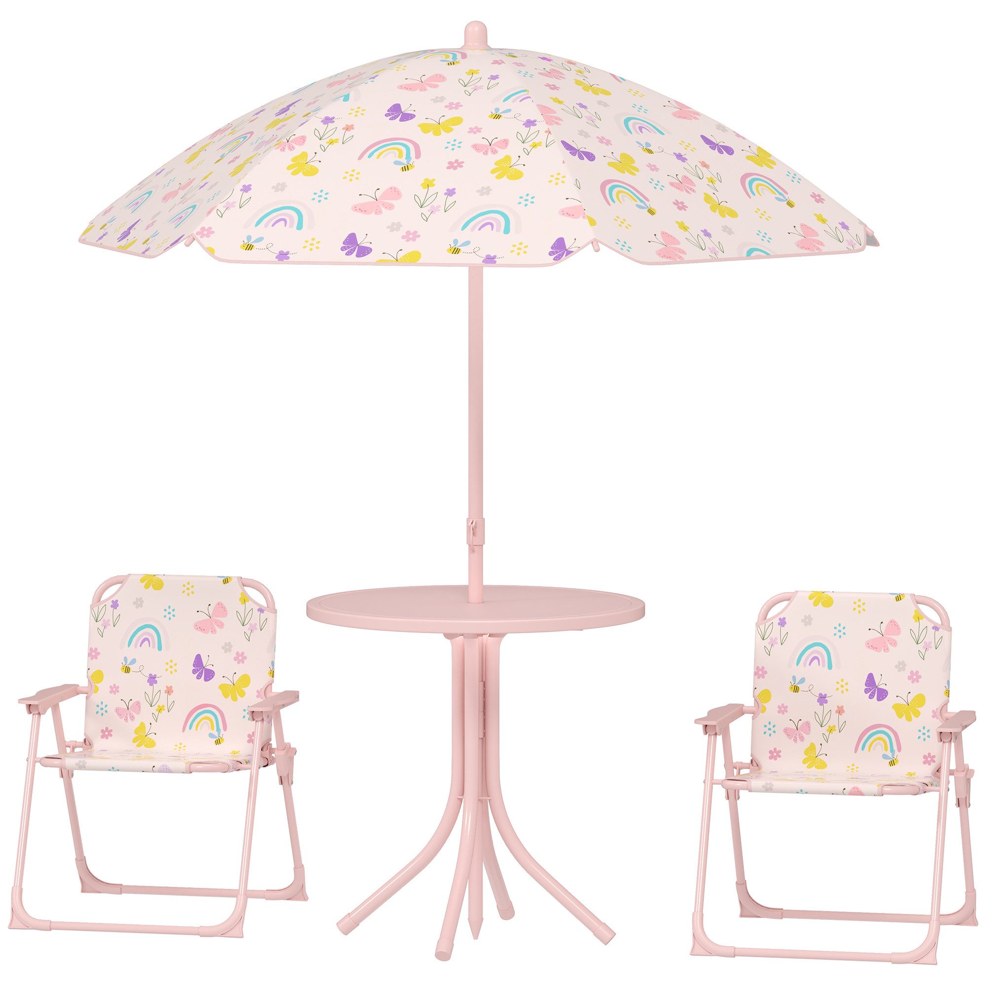 kowdom Garten-Kindersitzgruppe Kindergartenset Tisch 2 Stühle Sonnenschirm klappbar 2-5 J., klappbar, höhenverstellbarer Sonnenschirm, Tiermotiv, UV-Schutz