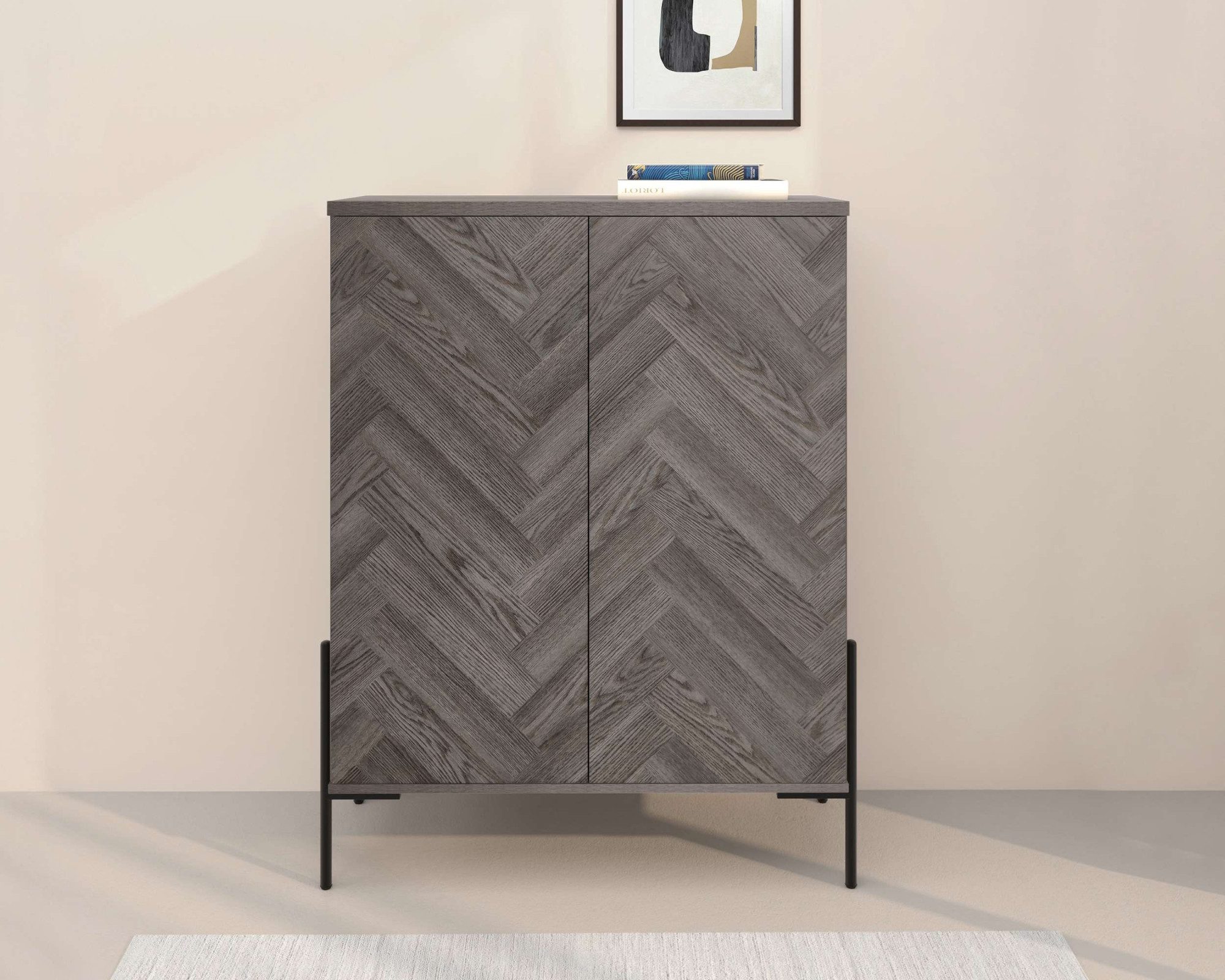 Leonique Highboard Eadwine, Kommode, Midischrank, Push-to-open, Türen mit Fischgräten Muster