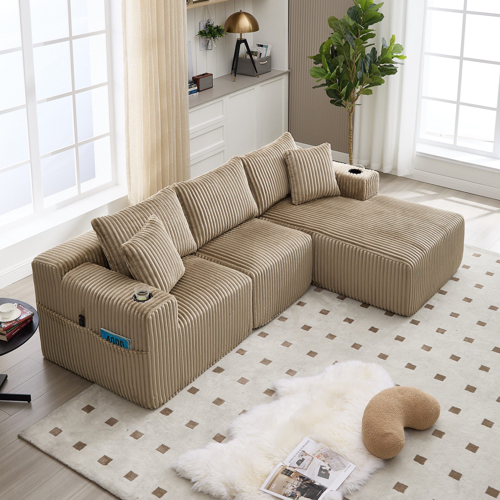 KLAM HOME Sofa Modulares Sofa Set mit Chaiselongue & 2-Sitzer, weicher Cordbezug, mit 5 Kissen, seitliche Taschen & Getränkehalter, DIY-Kombination, Ideal für Wohnzimmer, Apartment & Studio