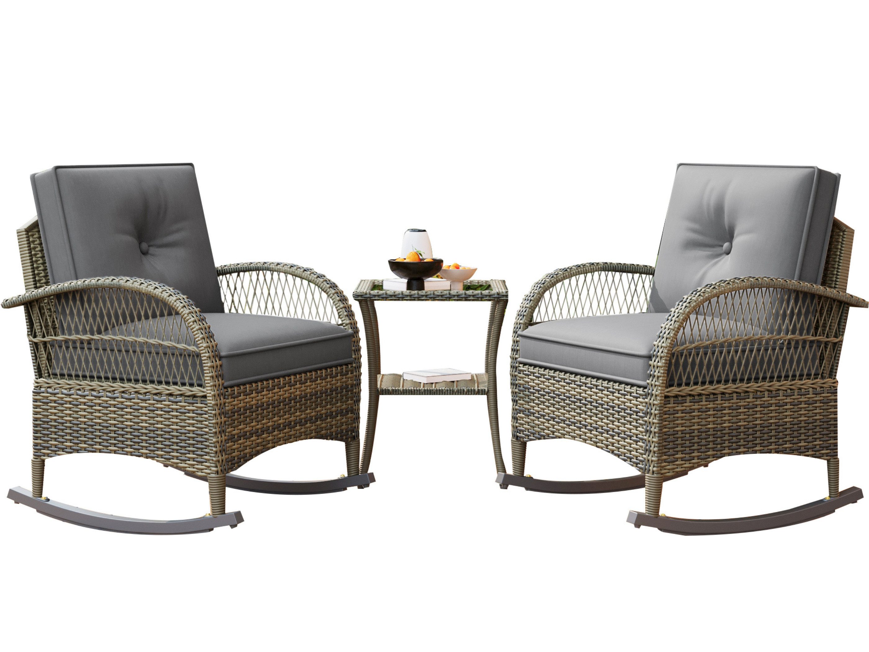 SeedWave Gartenlounge-Set 3-Teilige Outdoor Sitzgruppe Balkonset Poly-Rattan Lounge Sitzgarnitur, Inkl. Einzelsitzer-Sessel×2, Couchtisch×1 (Glasplatte)