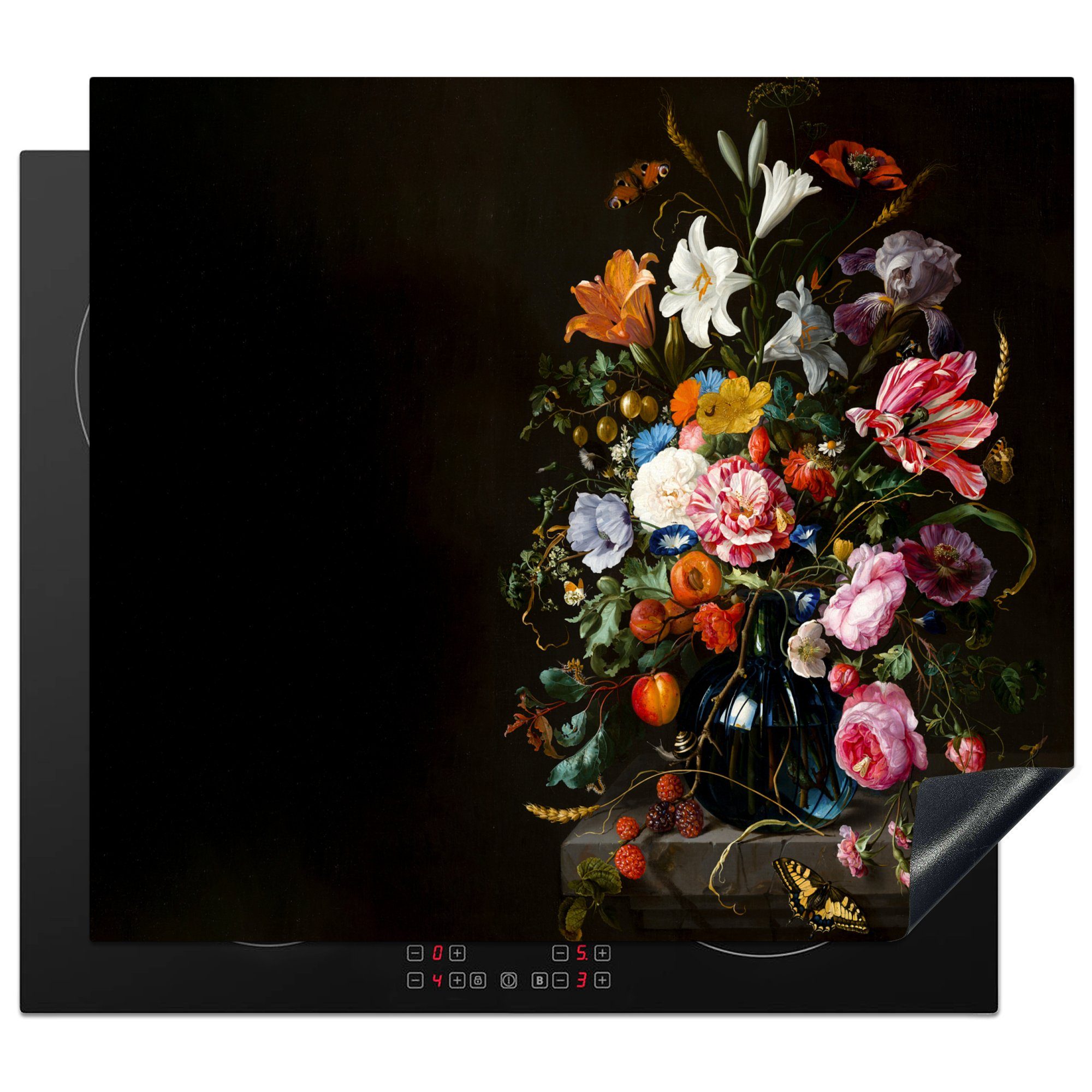 MuchoWow Herdblende-/Abdeckplatte Alte Meister - Kunst - Vase mit Blumen - Jan Davidsz de Heem, Vinyl, (1 tlg), 58x51 cm, Küchen Dekoration für Induktionsherd, Induktionskochfeld