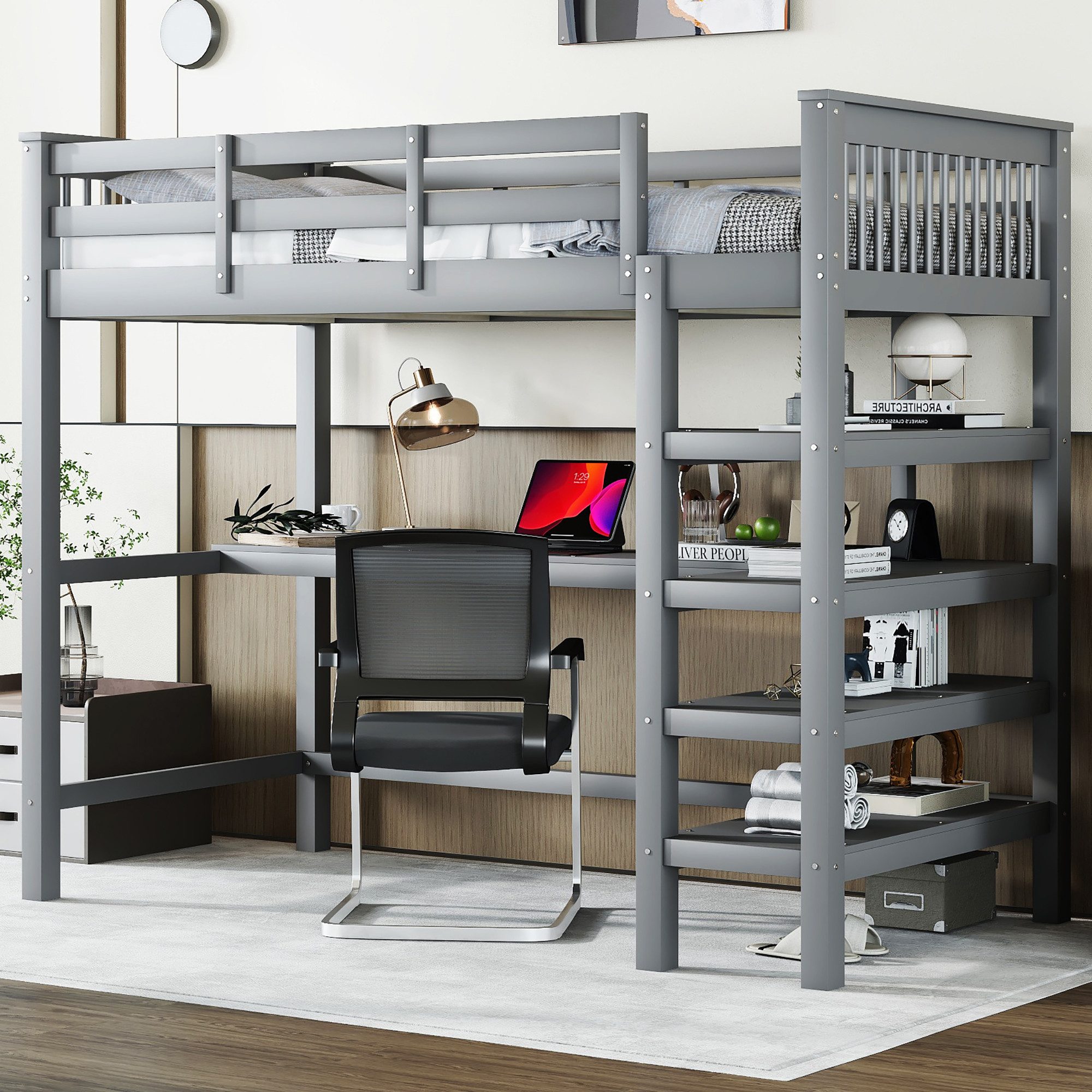 Merax Hochbett mit Schreibtisch und Bücherregal Etagenbett 90x200 cm mit Trittleiter, Kinderbett aus Kiefer