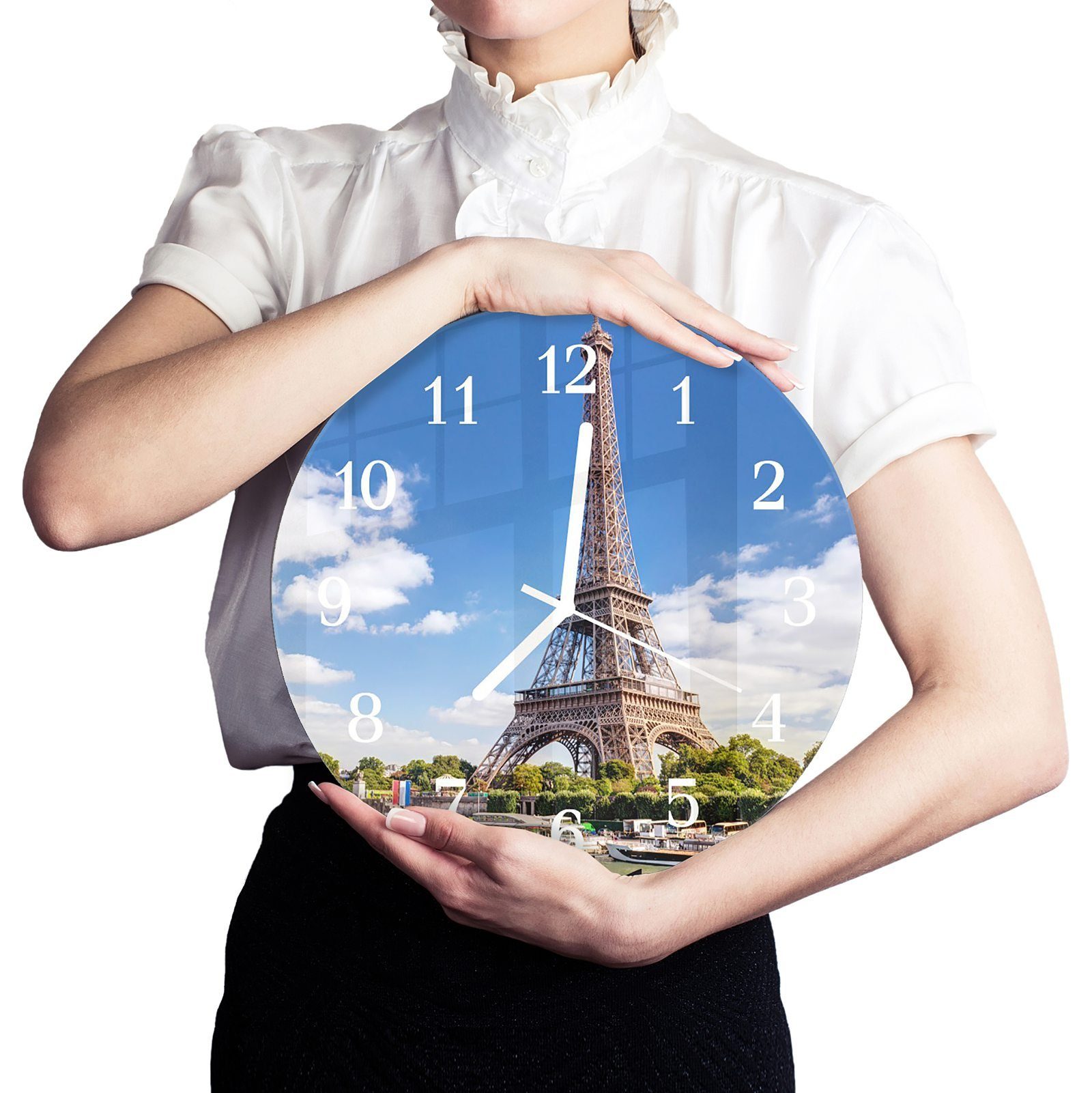 Quarzuhrwerk Sommer 30 Wanduhr aus Wanduhr Primedeco mit Rund Paris Motiv und mit cm Glas im - Durchmesser