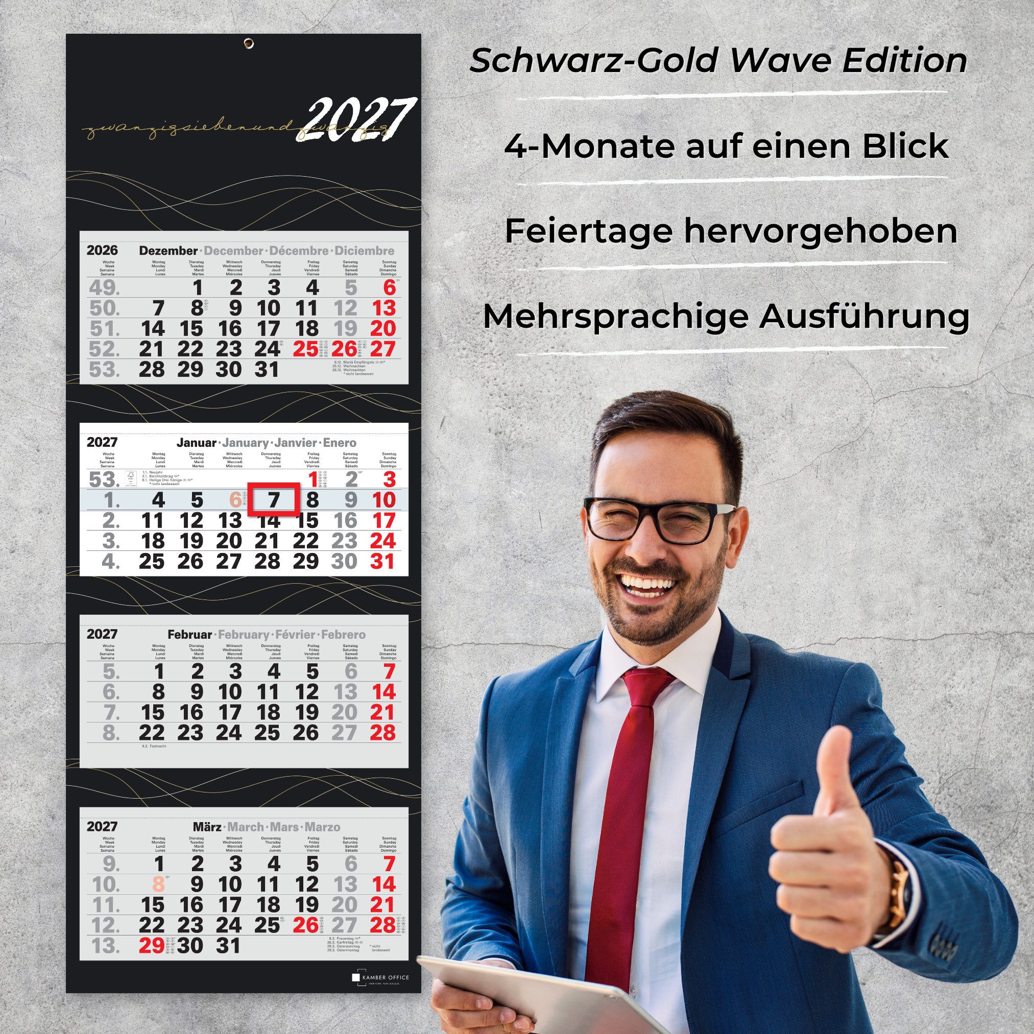 Kamber Office Wandkalender 4-Monatskalender 2027 mit Schieber Büro Kalender, Viermonatskalender 2027 groß mit Datumsschieber Jahreskalender faltbar – Bild 3 von 5