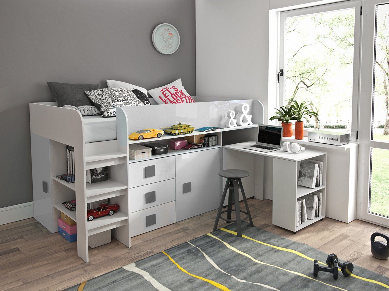 Unique Schreibtisch TOL1, Grau Hochbett,Etagenbett Hochbett und Treppe, Schubladen mit Home Weiß/Griffe