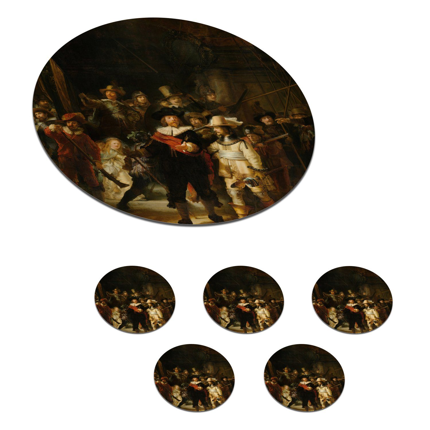 MuchoWow Glasuntersetzer Die Nachtwache - Gemälde von Rembrandt van Rijn, Zubehör für Gläser, 6-tlg., Getränkeuntersetzer, Tassenuntersetzer, Korkuntersetzer, Tasse, Becher