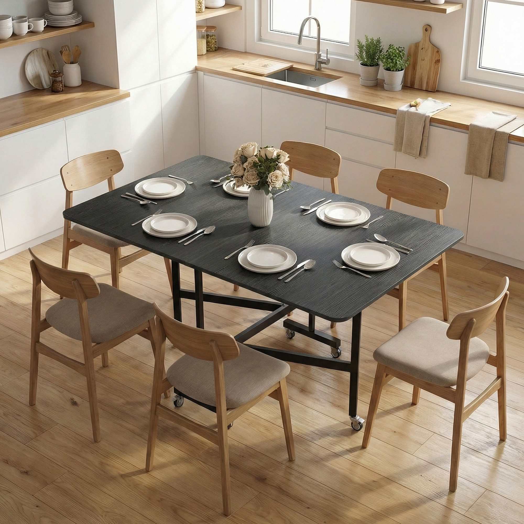 HOMCOM Klapptisch mit 6 Rollen und Bremsen (Küchentisch für 4-6 Personen, 1-St., Esstisch), für Kleine Räume, Esszimmer, Küche 120 x 80 x 73 cm Schwarz