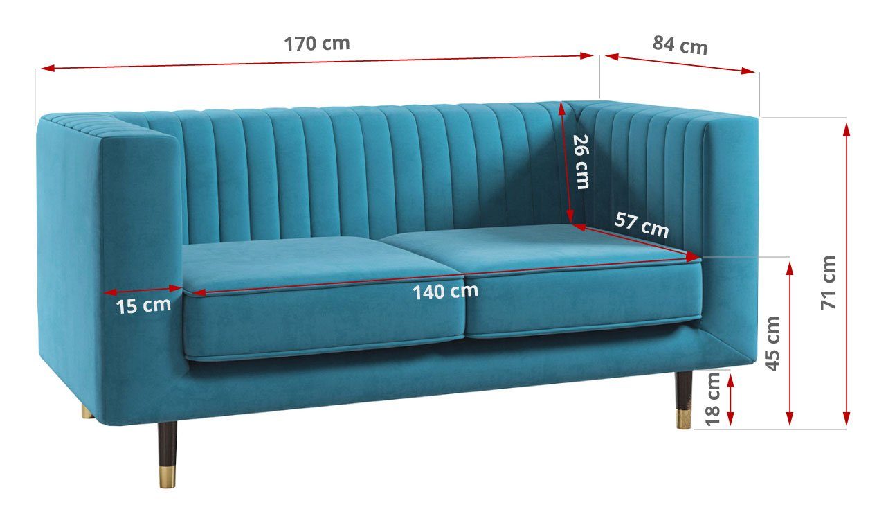 MKS MÖBEL Sofa hohen Hellblau Kronos Ein ELMO Metallbeinen Stil, freistehendes 2, Modern Zweisitzer-Sofa