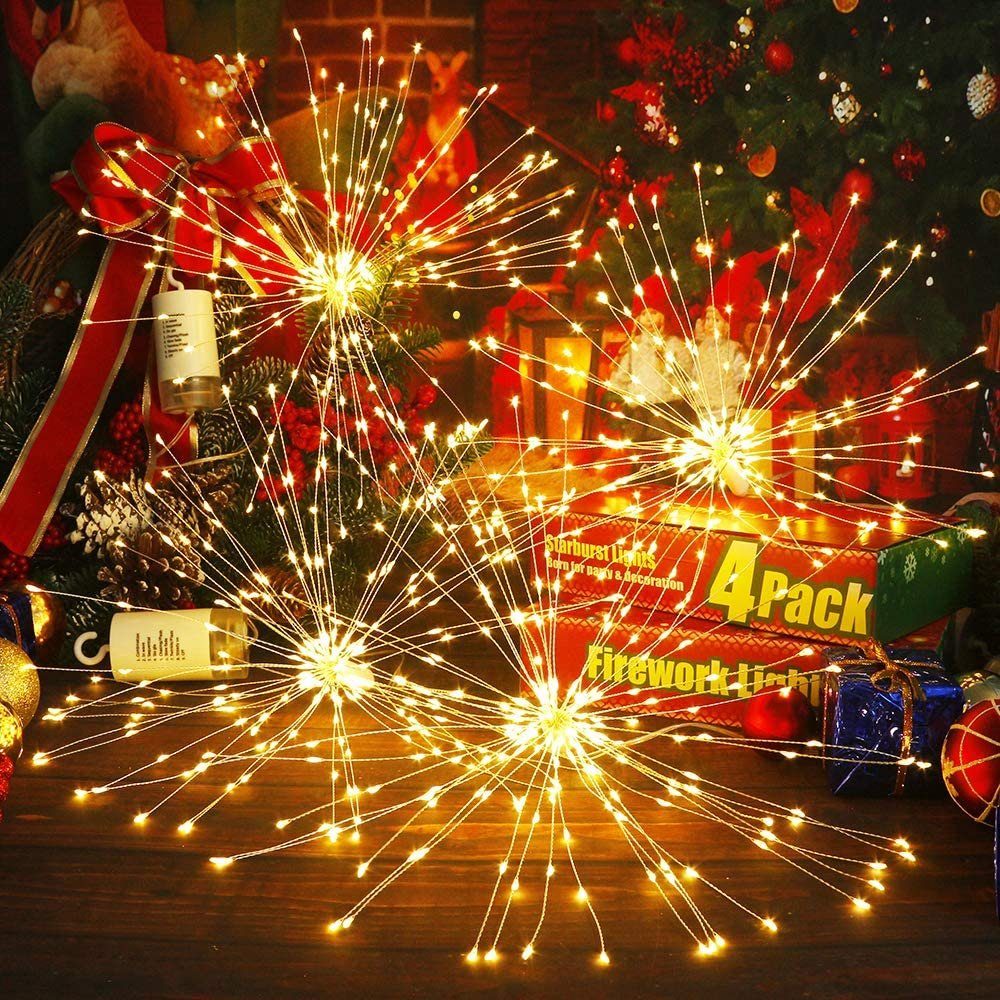 für Party Weiß Hängende Warmes Weihnachtsdeko LED Starburst, Sunicol Wasserdicht Feuerwerk Lichter,8 Außen Innen 200 mit Fernbedienung, Batterie, LED-Lichterkette Modi,