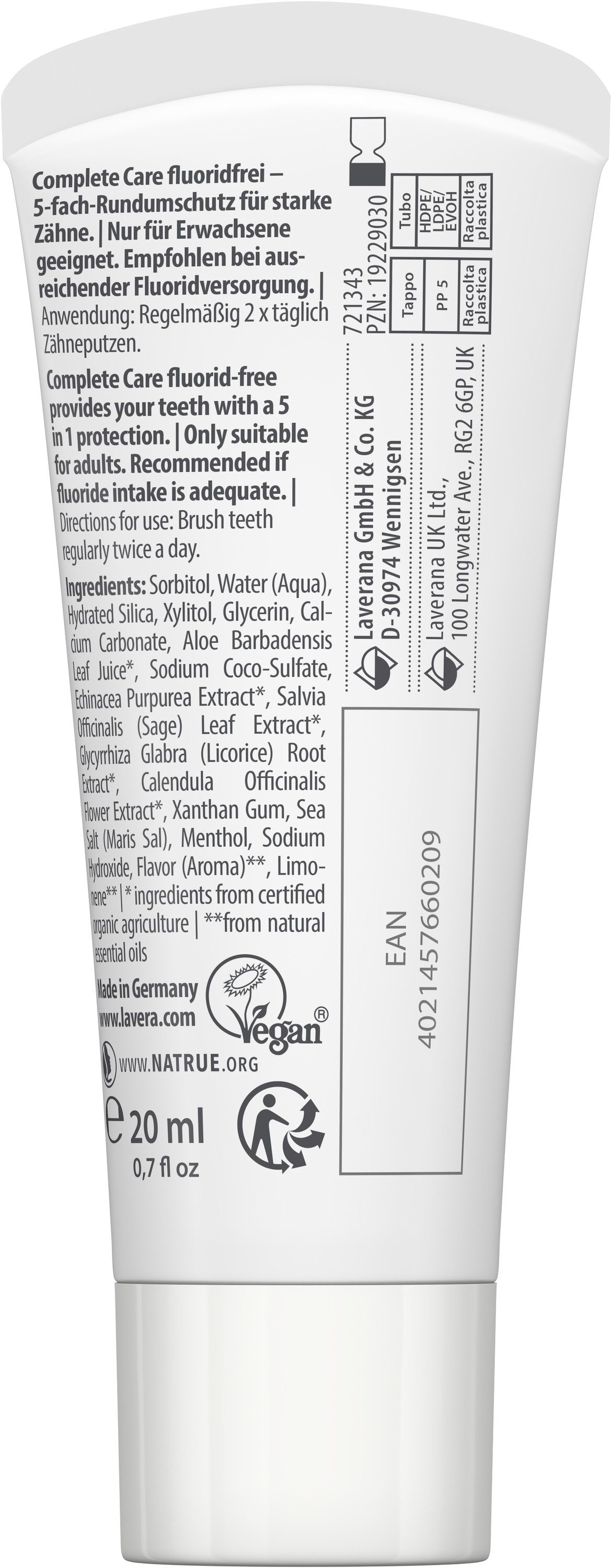 lavera Zahnpasta Reisegröße Zahncreme Complete Care Fluoridfrei, (1-St)