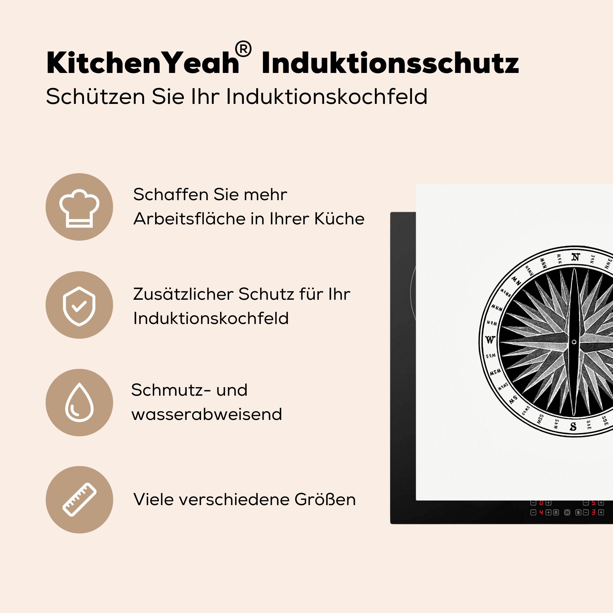 Vinyl, tlg), Arbeitsplatte - Kompass für küche Windrose MuchoWow Ceranfeldabdeckung, (1 cm, Retro, Herdblende-/Abdeckplatte - 78x78