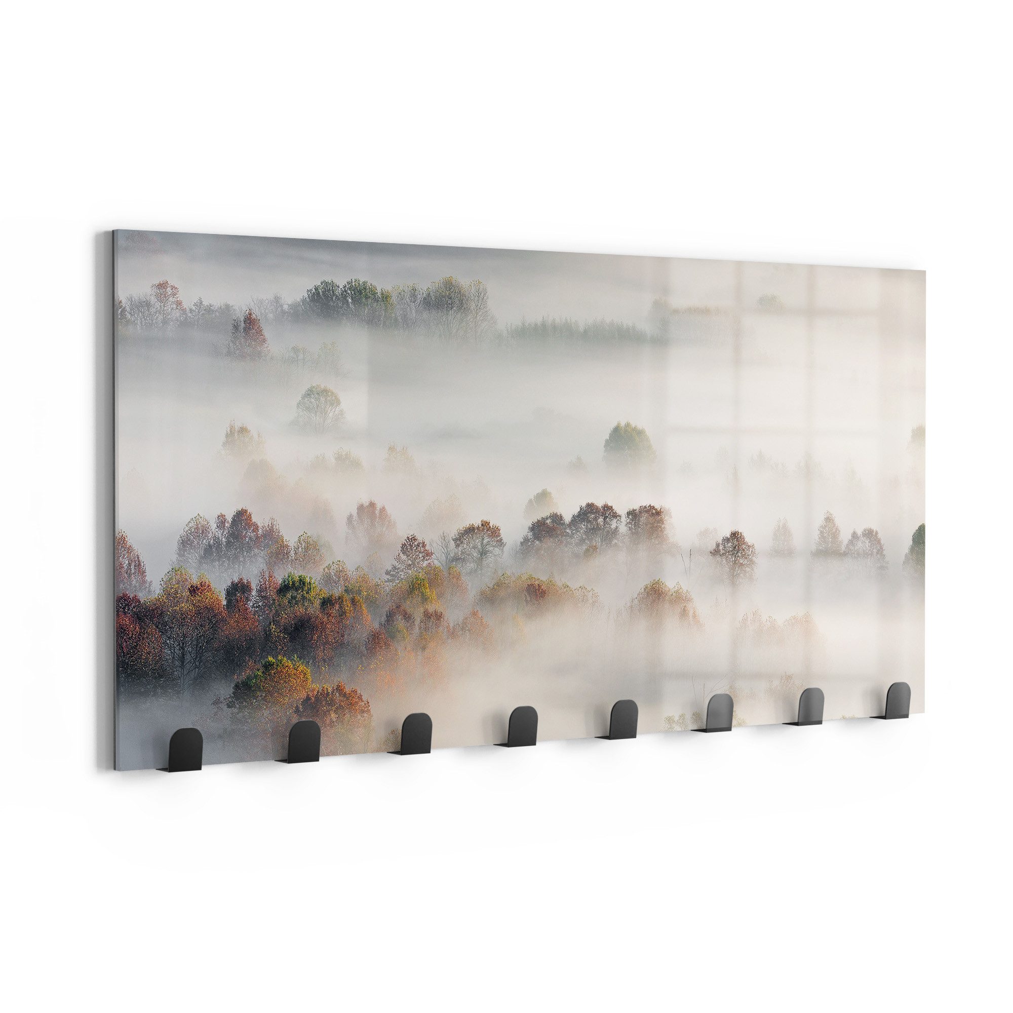 DEQORI Kleiderhaken 'Morgendlicher Nebelwald', Glas Garderobe Paneel magnetisch beschreibbar