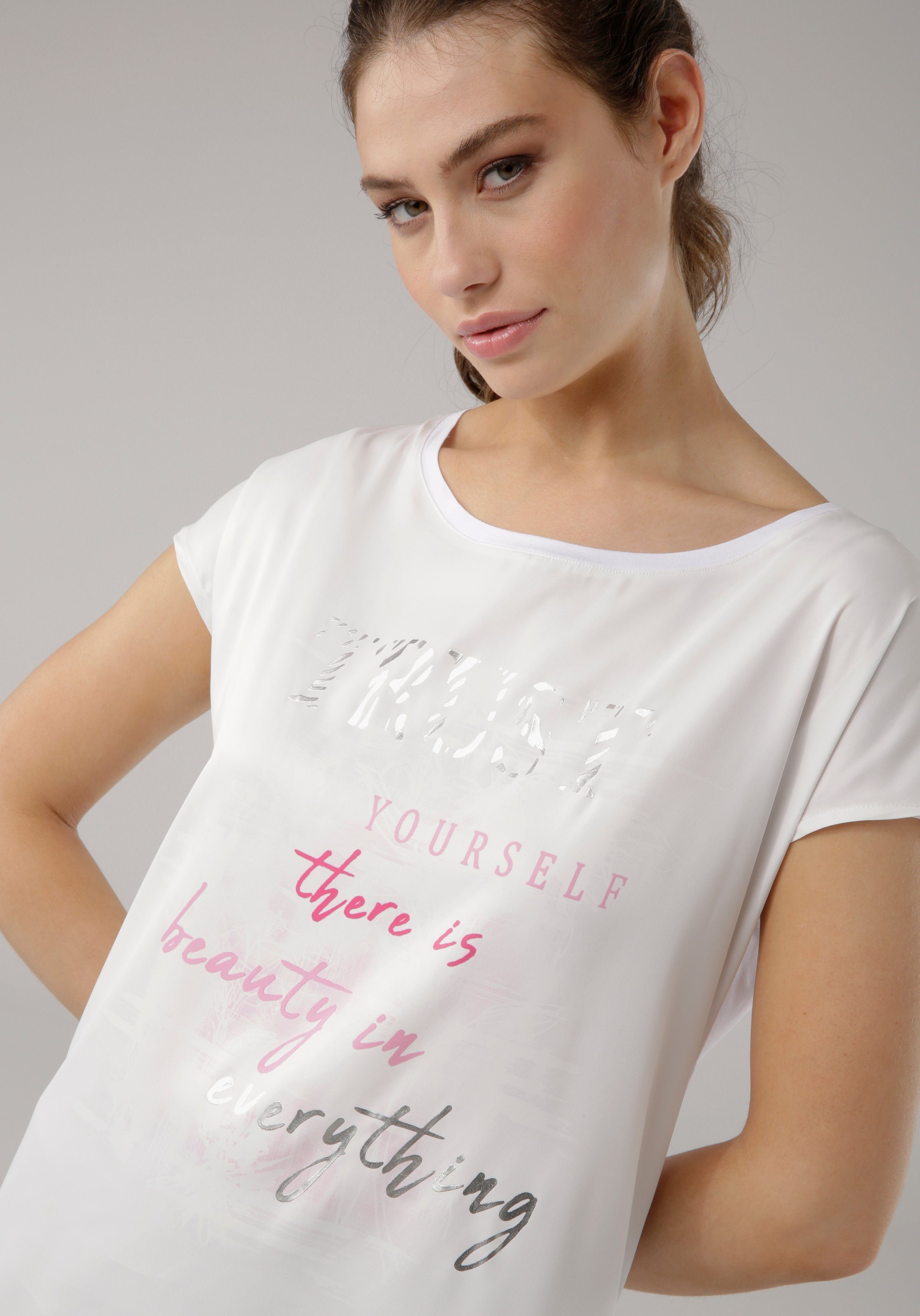 Laura Scott Aufdruck Shirtbluse Satin weiß-pink aus dezentem mit