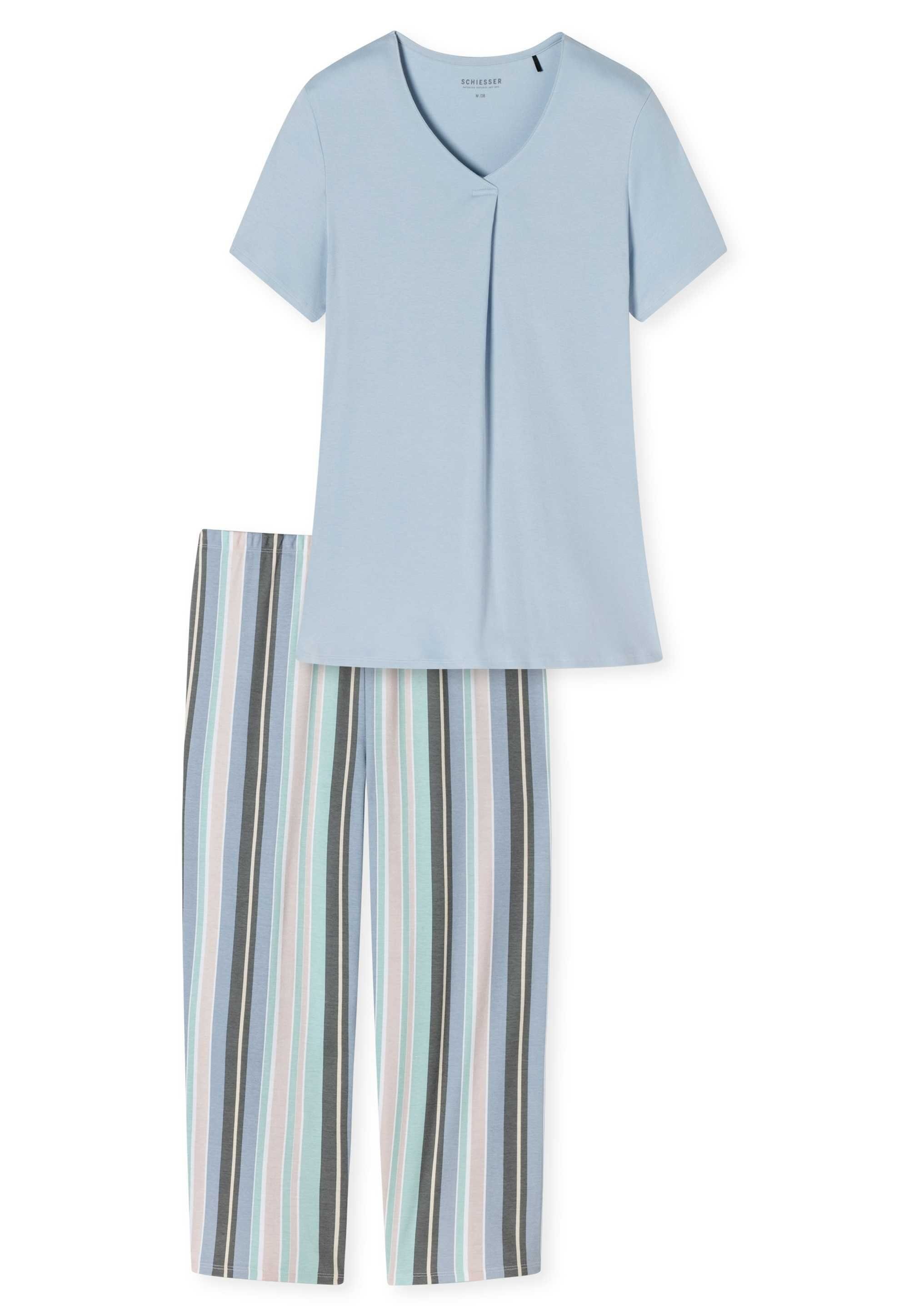 Schiesser Pyjama Damen Schlafanzug 3/4 - Nachtwäsche, 1/2 Arm Hellblau