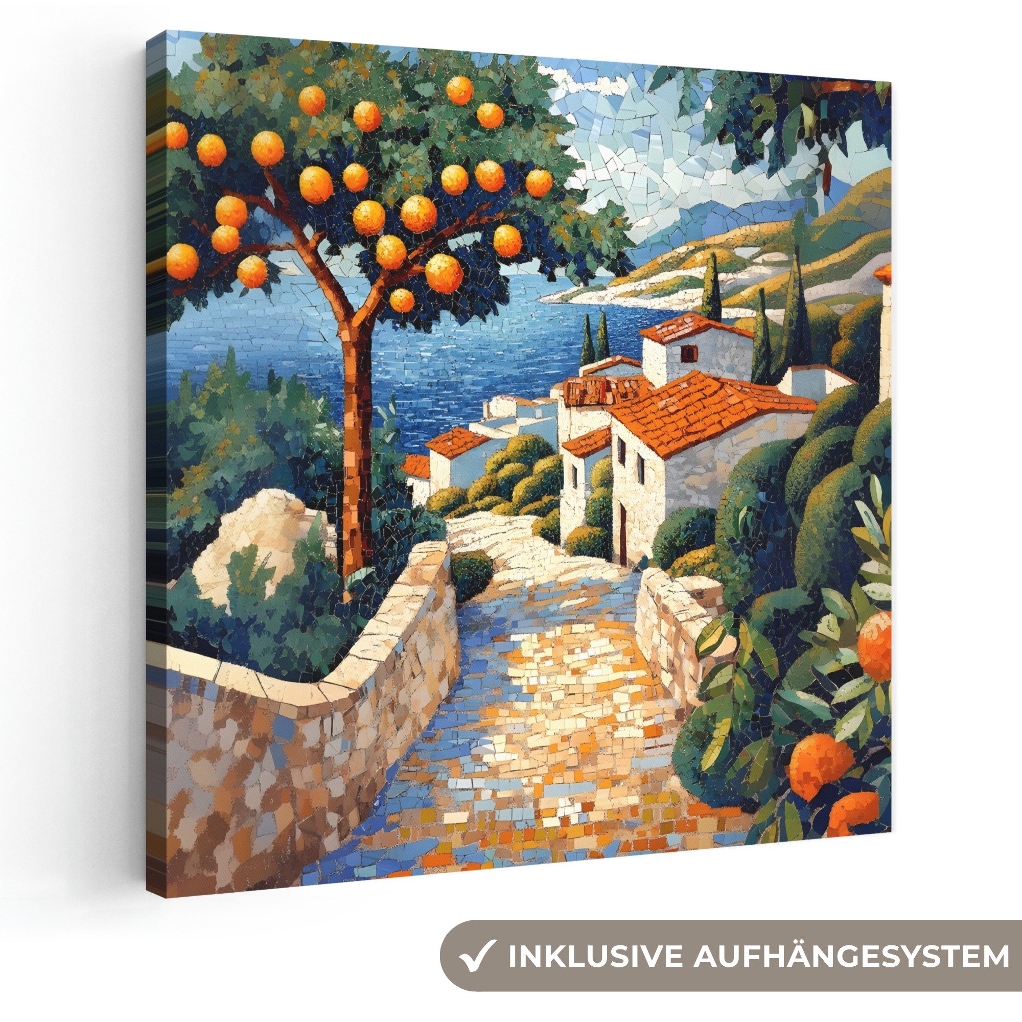 OneMillionCanvasses® Leinwandbild Häuser - Mosaik - Orangenbäume - Meer, Fotodruck (1 St), Wandbild, Deko Schlafzimmer Wohnzimmer Flur 20x20 cm