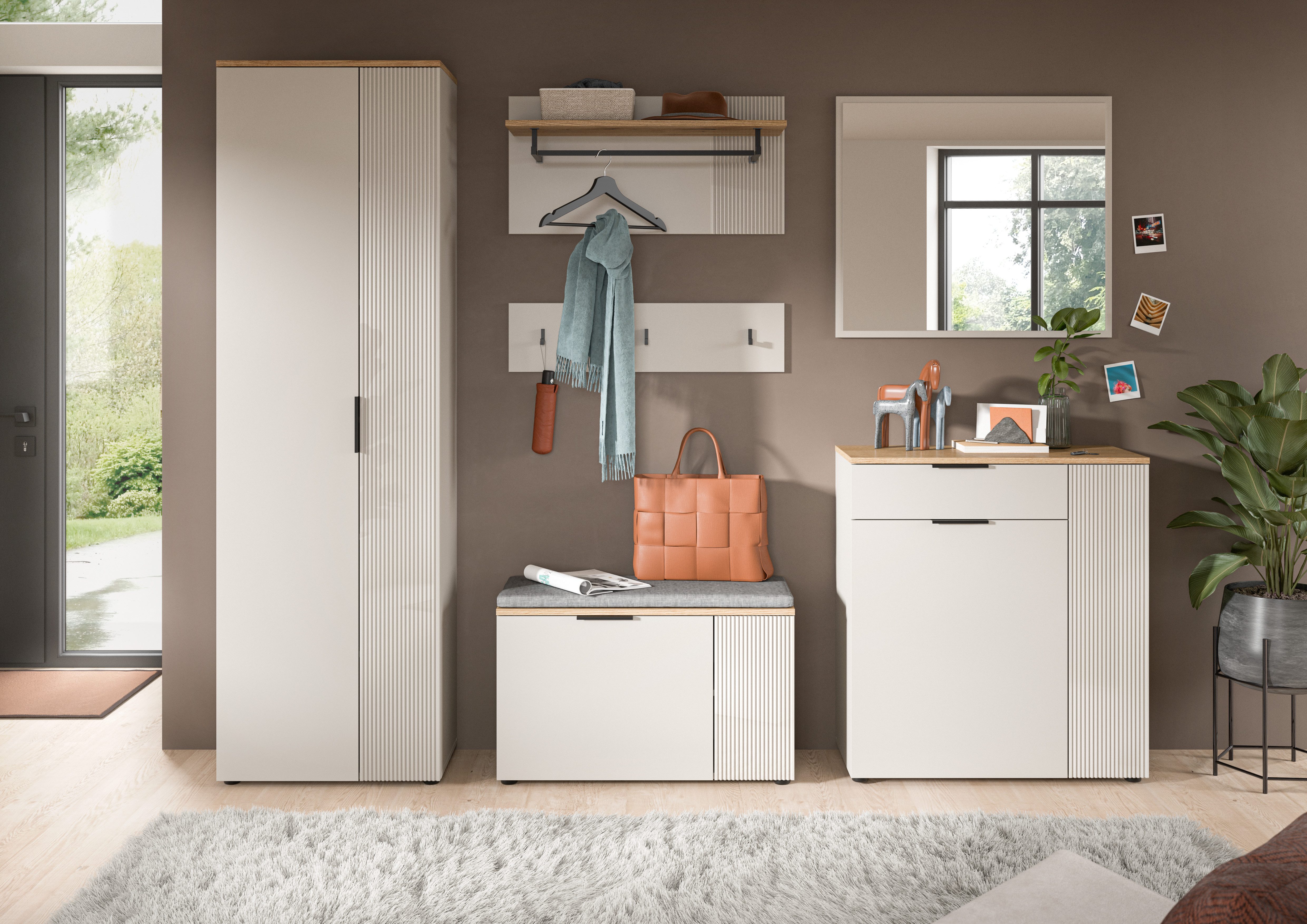 furnling Garderoben-Set Sileo, (5-St., Garderobenschrank, Kommode, Paneel, Sitzbank inkl. Kissen, Spiegel), pflegeleichte MDF Front mit Längstfräsung, Sitzfläche, Breite 250 cm