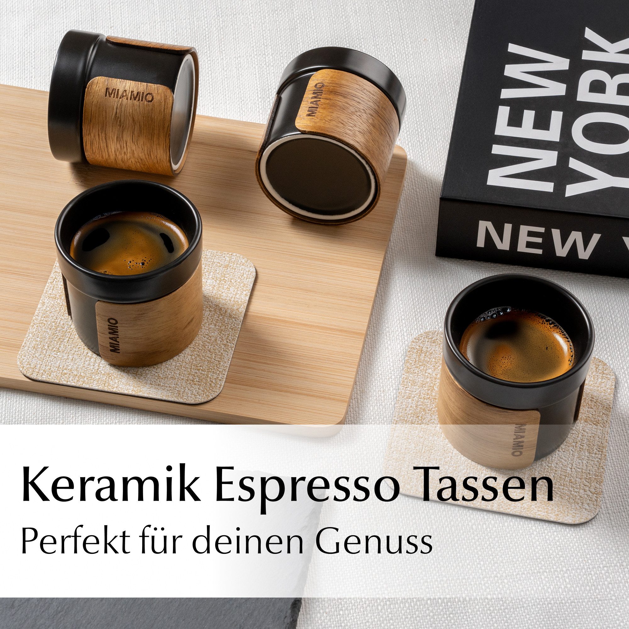 MiaMio Espressotasse ohne Henkel mit Holzmanschette, 100 ml, Schwarz, 4-tlg., Keramik