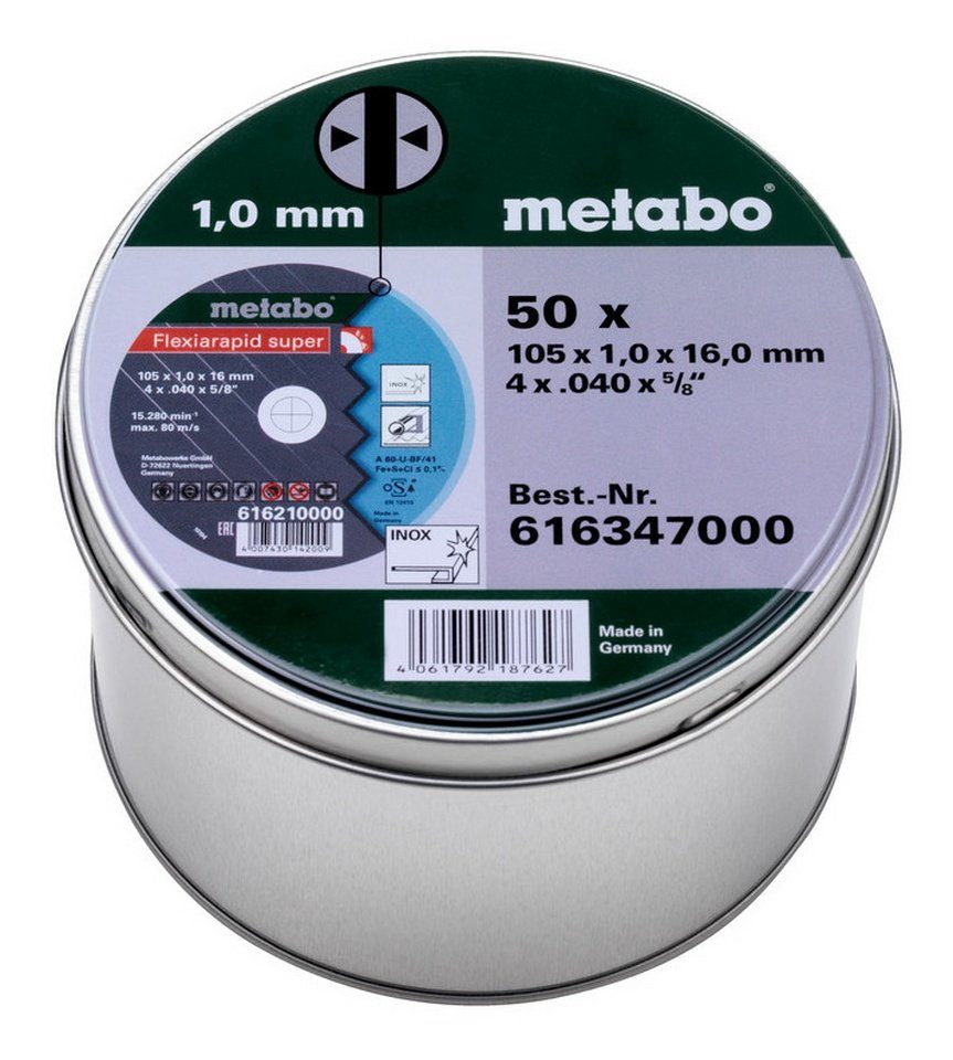 metabo Trennscheibe, Ø 105 mm, (50 Stück), Flexiarapid super 105 x 1 x 16 Inox, TF 41