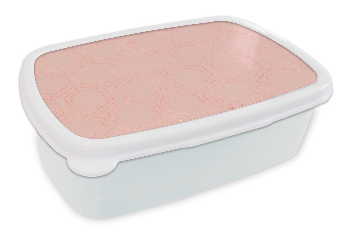 MuchoWow Lunchbox Muster - Luxus - Rosa - Sechsecke, Kunststoff, (2-tlg), Brotbox für Kinder und Erwachsene, Brotdose, für Jungs und Mädchen weiß