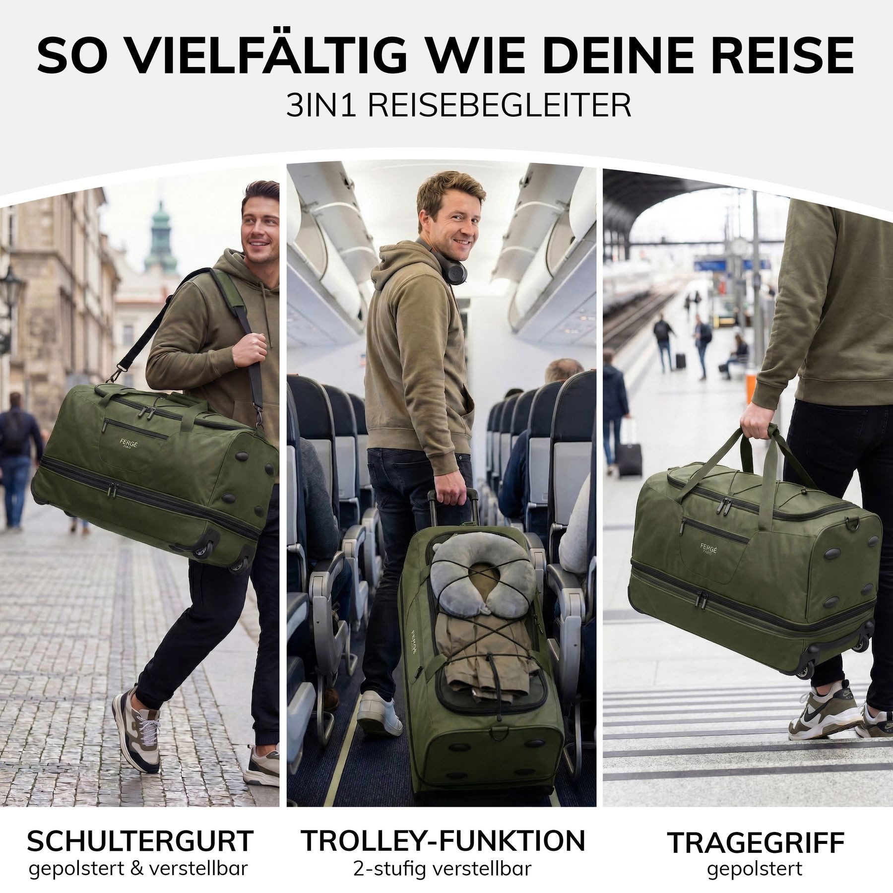 FERGÉ Reisetasche mit Rollen & extra Schuhfach, groß, Handgepäck, Tragetasche aus Nylon, Erweiterbare Reisetasche, Handgepäck / XL, Schuhfach & Außenfächer