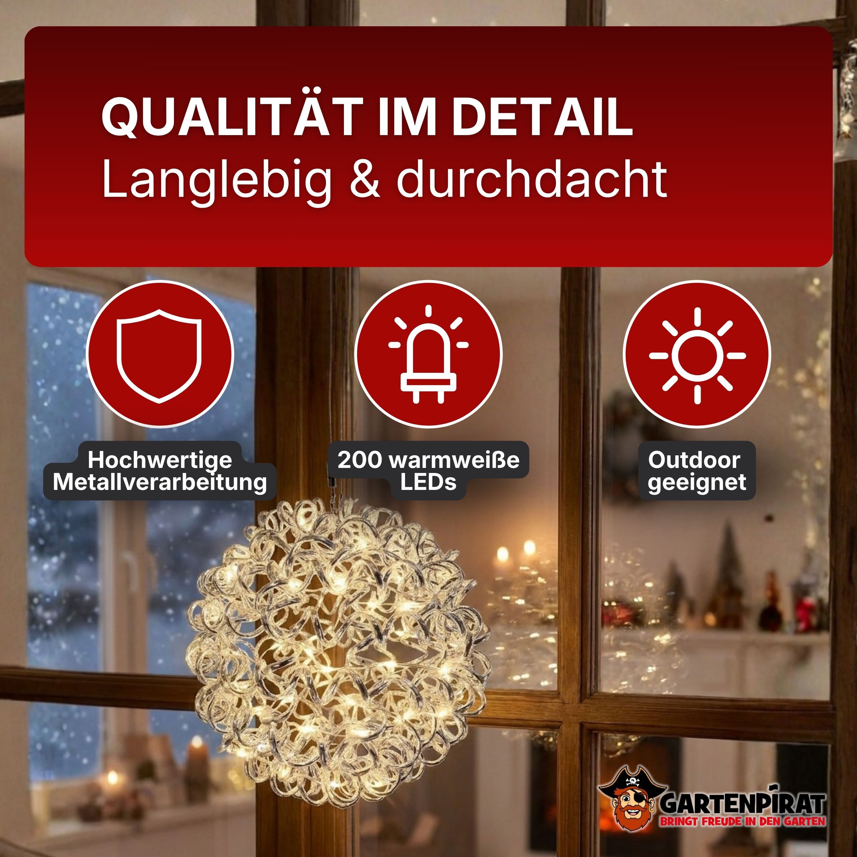 Gartenpirat Dekolicht Kugel o. Stern Silberdraht Alu, LED´s warmweiß, Timer, Weihnachtsdeko, Ideal zum kombinieren für Weihnachten – Bild 5 von 5