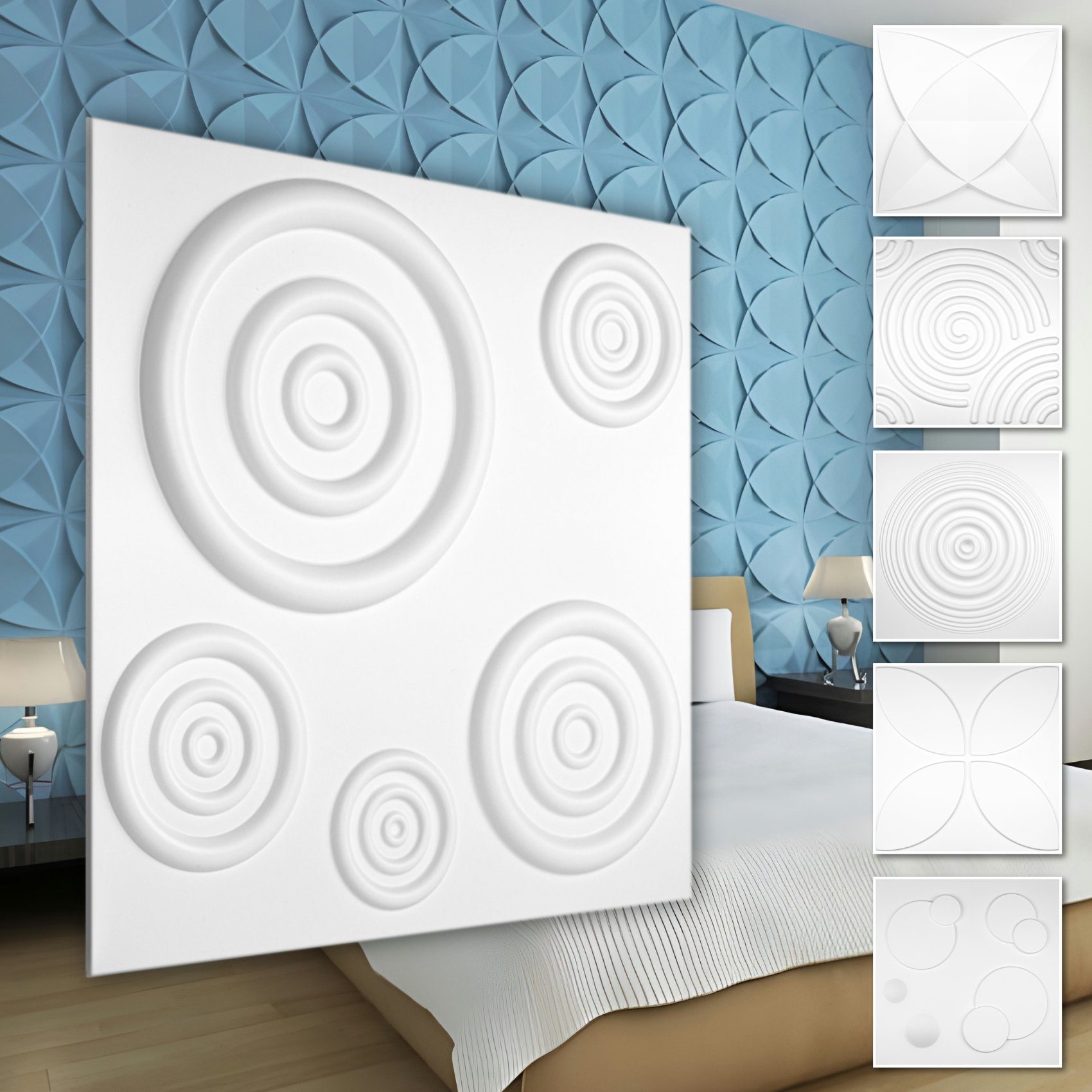 Hexim Wanddekoobjekt HD079 (PVC Kunststoff - weiße Wandverkleidung mit 3D Optik - Kringel Motive (2 qm 8 Platten) 8 Stück Deckenpaneel Paneel)