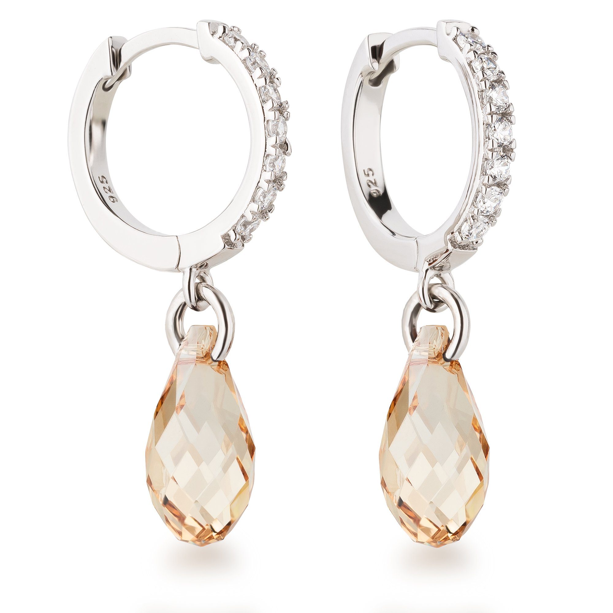 Schöner-SD Paar Ohrhänger Creolen mit Zirkonia und Tropfen Kristall klein 13mm hängend (inkl. Schmuckbox), 925 Silber Rhodium