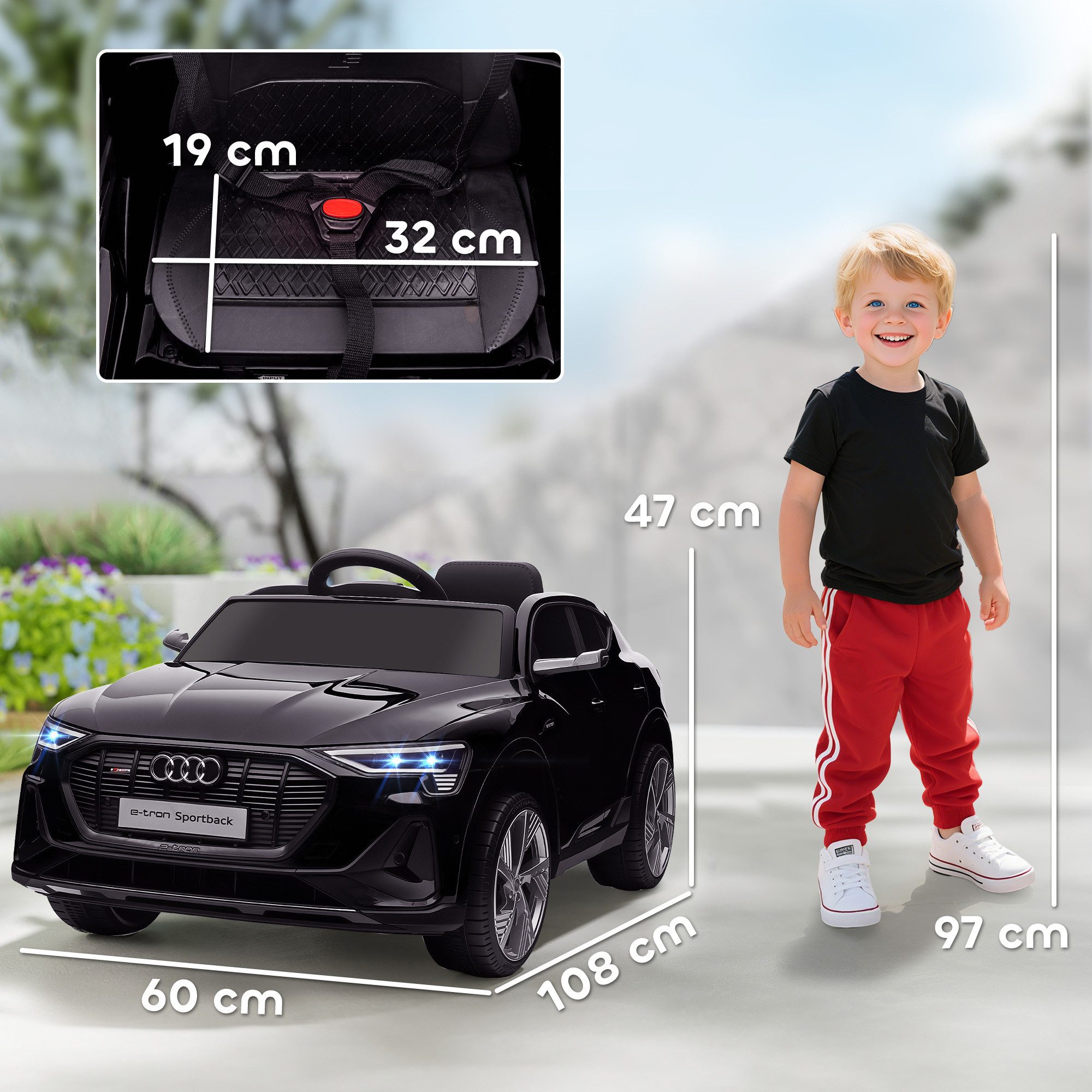 HOMCOM Elektro-Kinderauto 12V Audi E-tron mit Fernbedienung, Musikfunktion, Belastbarkeit 25 kg, (1-tlg), für Außenbereich, Schwarz