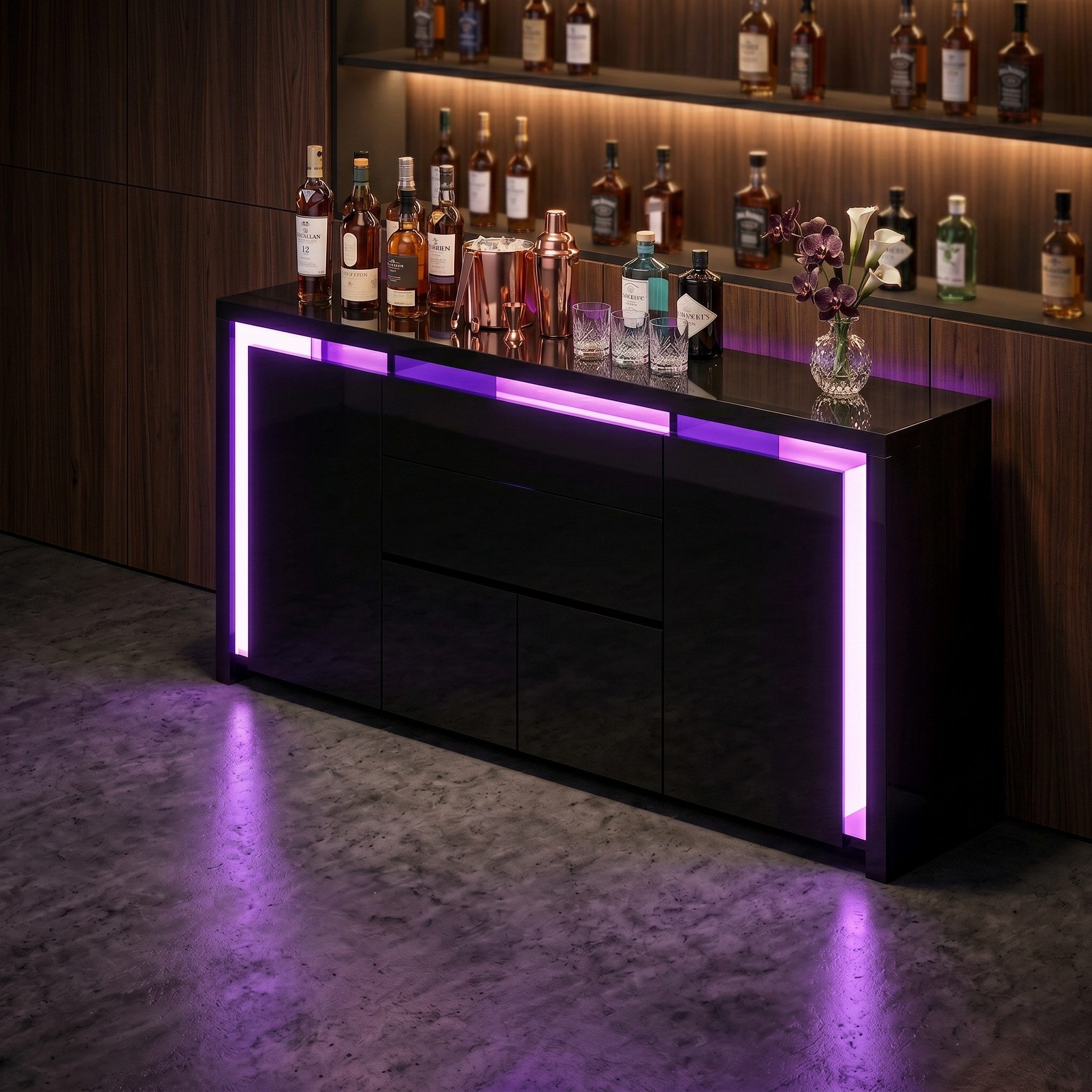 PXloue Kommode Hochglanz Sideboard (LED-Ambientebeleuchtung) Breite 160 cm, Beistellschrank mit 4 Fächern und 2 Schubladen( Push-to-open-Funktion)