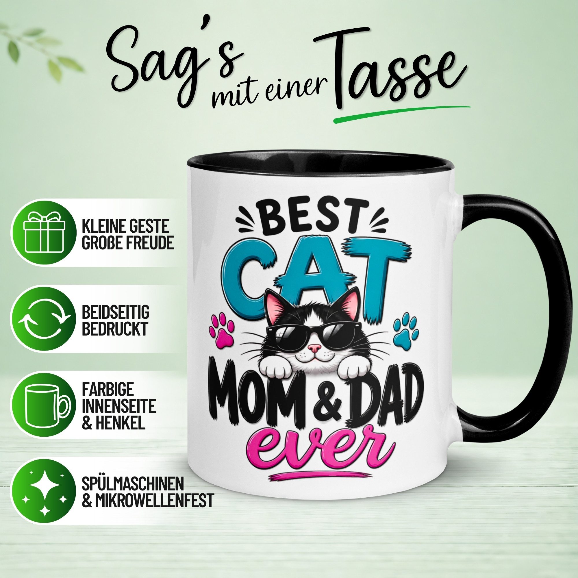 Momentals Tasse Katze – „Best Cat Mom&Dad ever“ – Geschenk Katzenmama Katzenpapa, Gratis Versand · Links-&Rechtshänder · Spülmaschinenfest