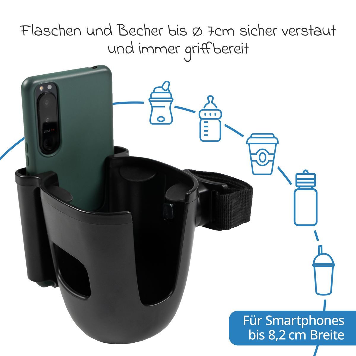 Zamboo Becherhalter Schwarz, Getränkehalter Flaschenhalter für Kinderwagen & Buggy mit Handyhalter