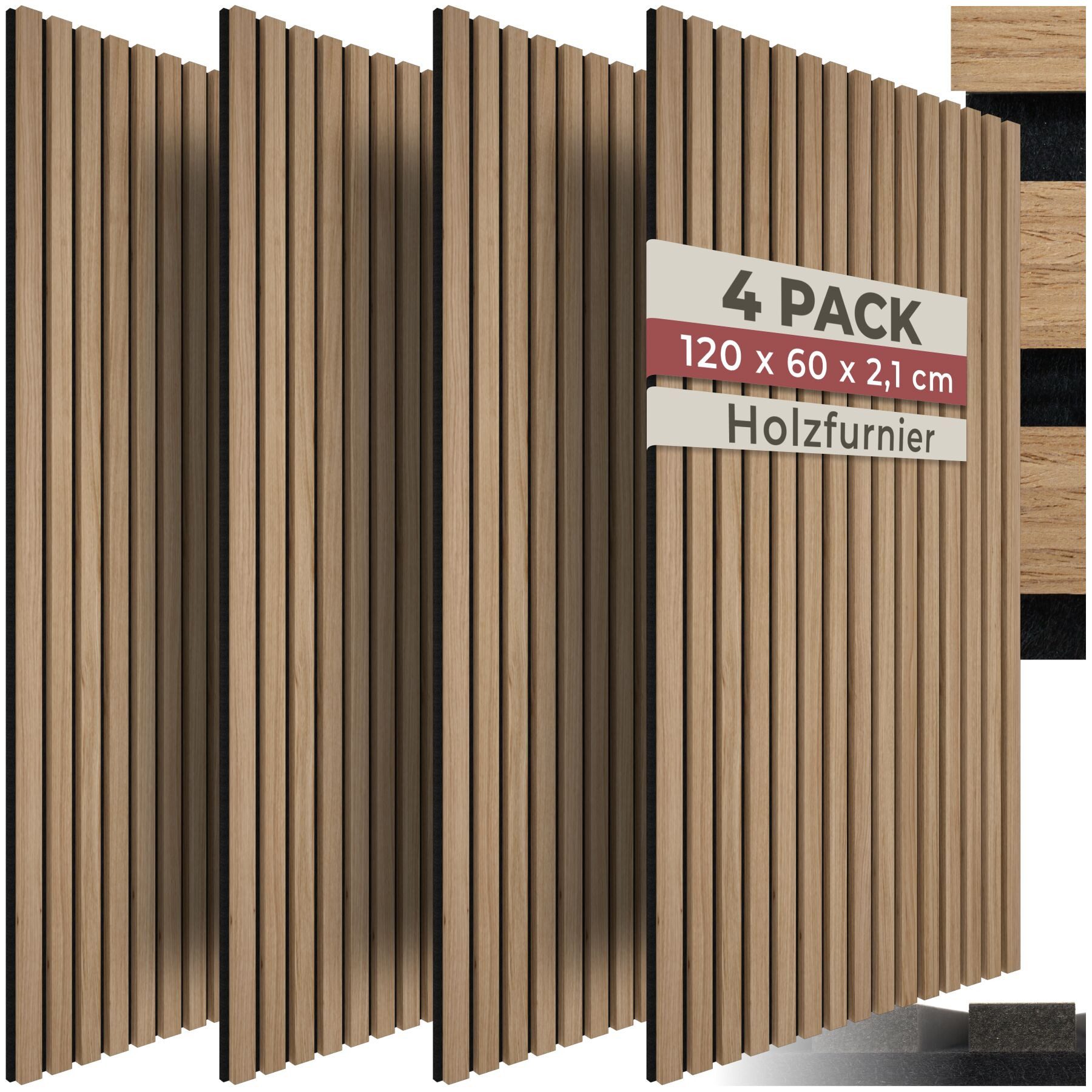 tectake Wandpaneel Akustikelement aus MDF mit Holzlamellen, BxL: 60x120 cm, 0.72 qm, (Akustikpaneele Sonic Wall, 4-tlg., in Eiche) schallabsorbierender Filz, einfache Montage mit Kleber oder Schrauben