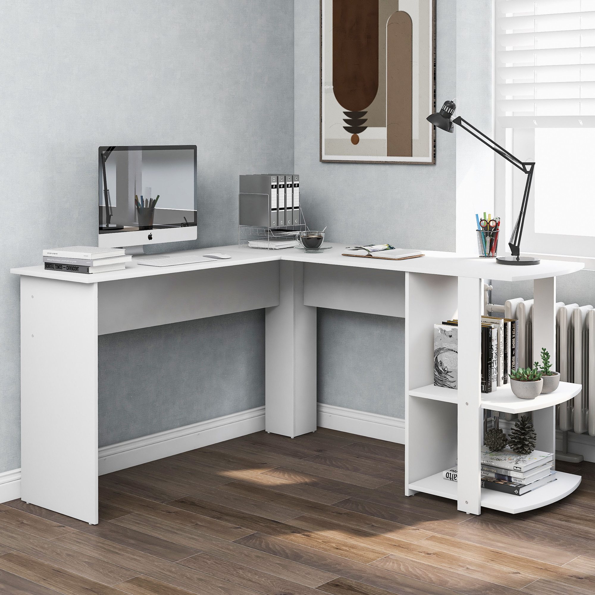 IDEASY Schreibtisch L-Eckschreibtisch 140cm Computertisch 2 Ablagen Weiß