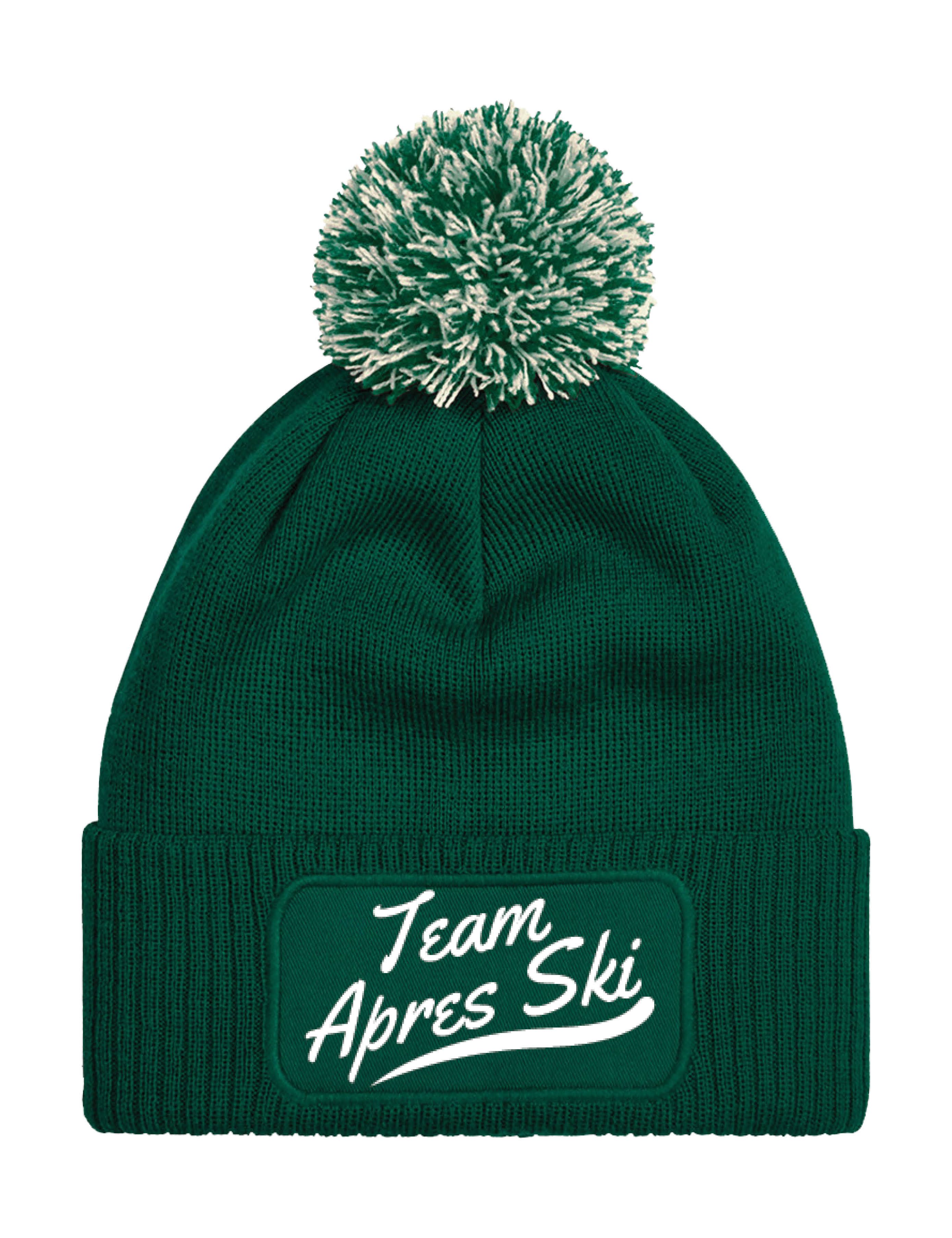 Beanie Unisex Strick Bommel Beanie Mütze mit Team Apres Ski Aufdruck