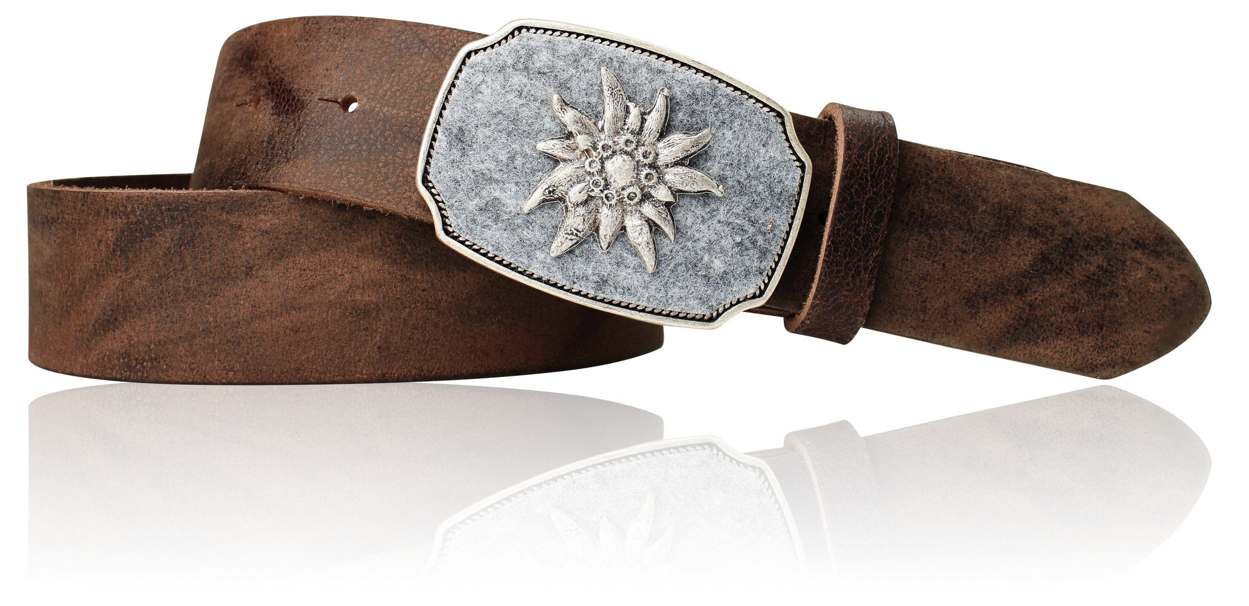 FRONHOFER Ledergürtel 18810 mit Trachtengürtel Edelweiss und Schnalle Vintage-braun Loden eingelegter