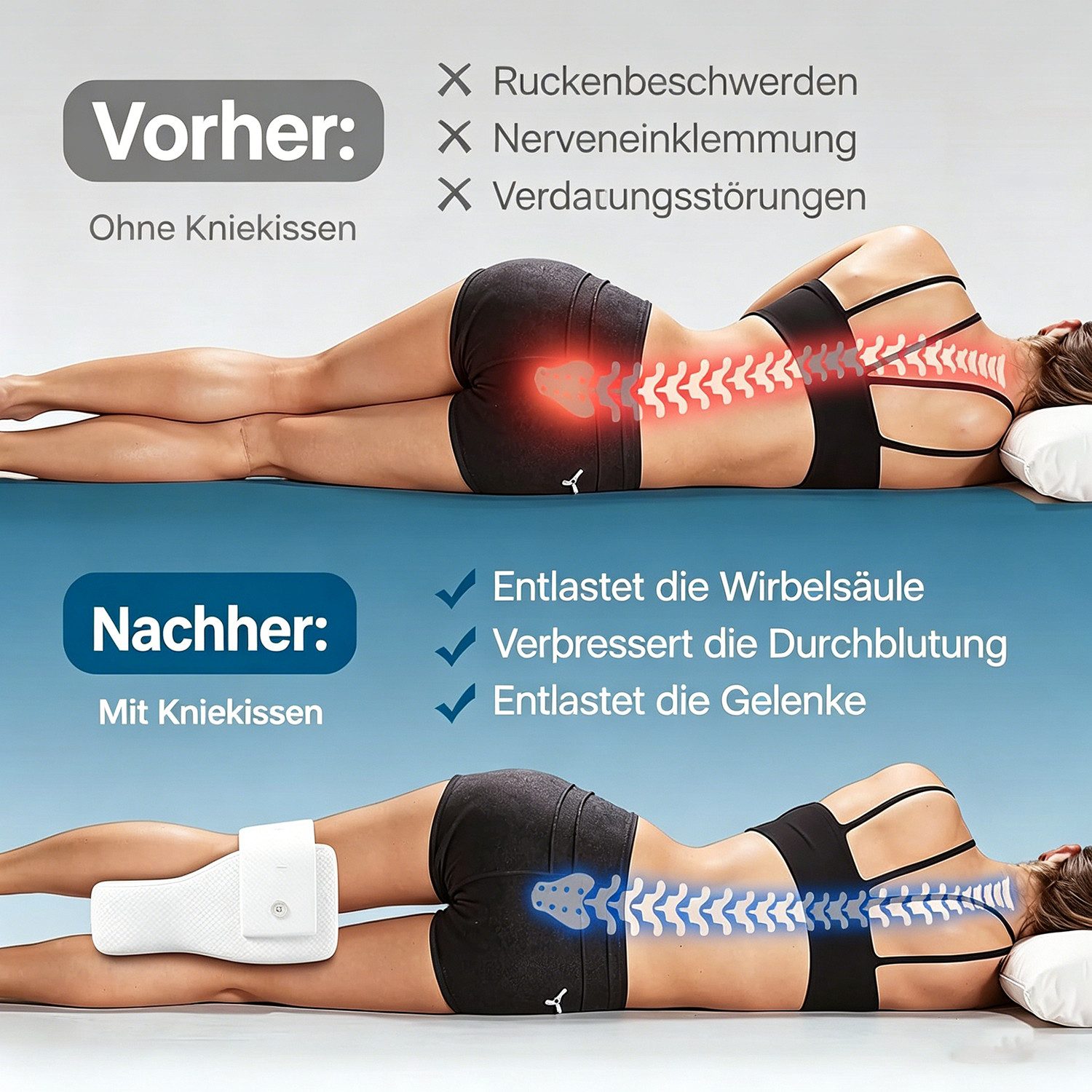 ibettertec Kniekissen Kniekissen für Seitenschläfer, Orthopädisches Kniekissen,Atmungsaktiv, Druckentlastung, Schmerzlinderung, atmungsaktiv, waschbar, tragbar