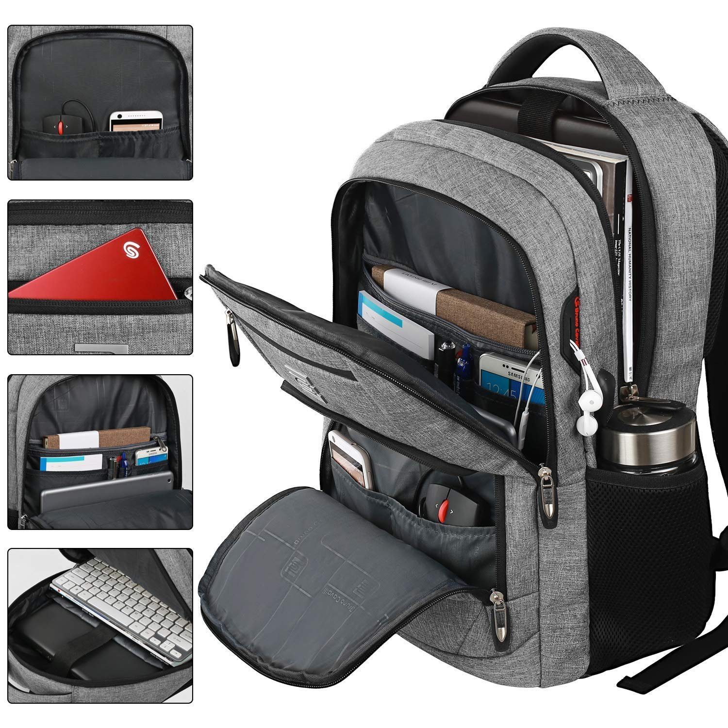 REDOM Laptoprucksack Laptop Rucksack Rucksäcke Schulrucksack Wasserbeständig Laptoptasche (Laptop Notebook Tasche Schule Uni Rucksack, Sportrucksack, mit USB-Anschluss, Anti-Diebstahl, Backpack mit Laptopfach), Herren Damen Jungen Teenager Freizeit Arbeit Business Reisen Grau