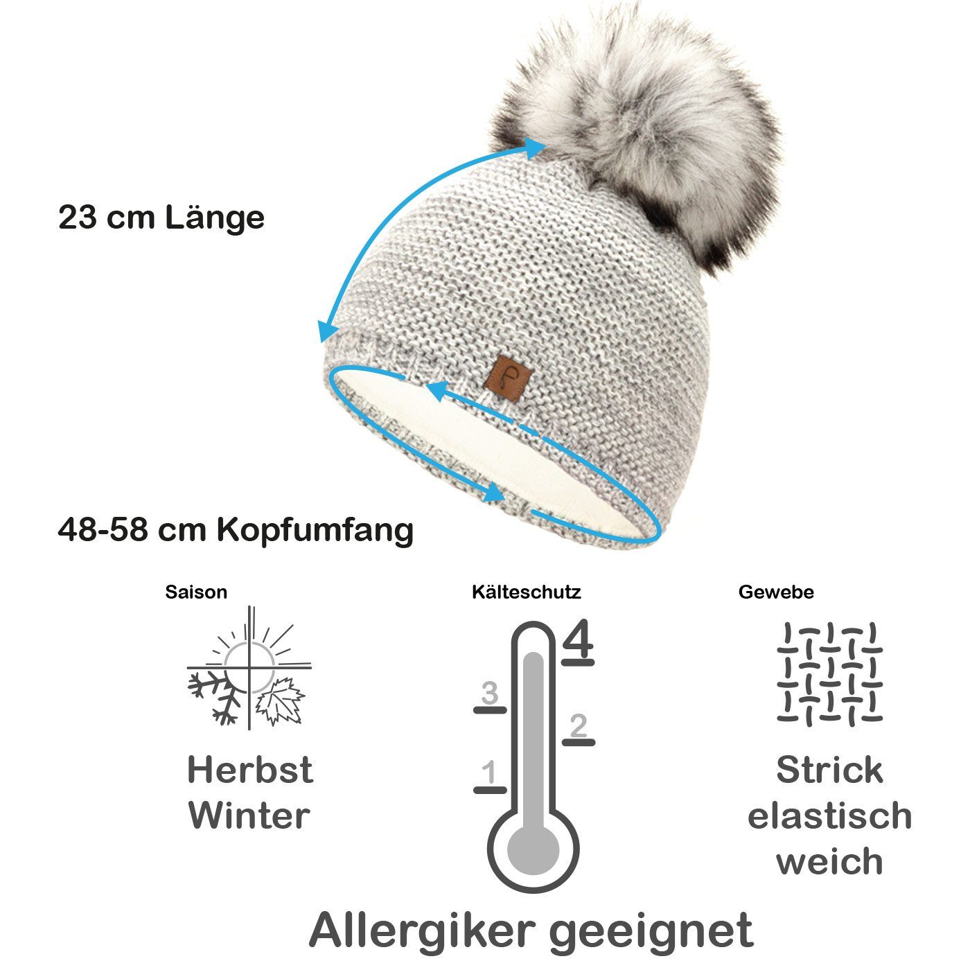 Faera Bommelmütze Wintermütze Damen Herren Mütze Beanie Haube gefüttert Bommelmütze